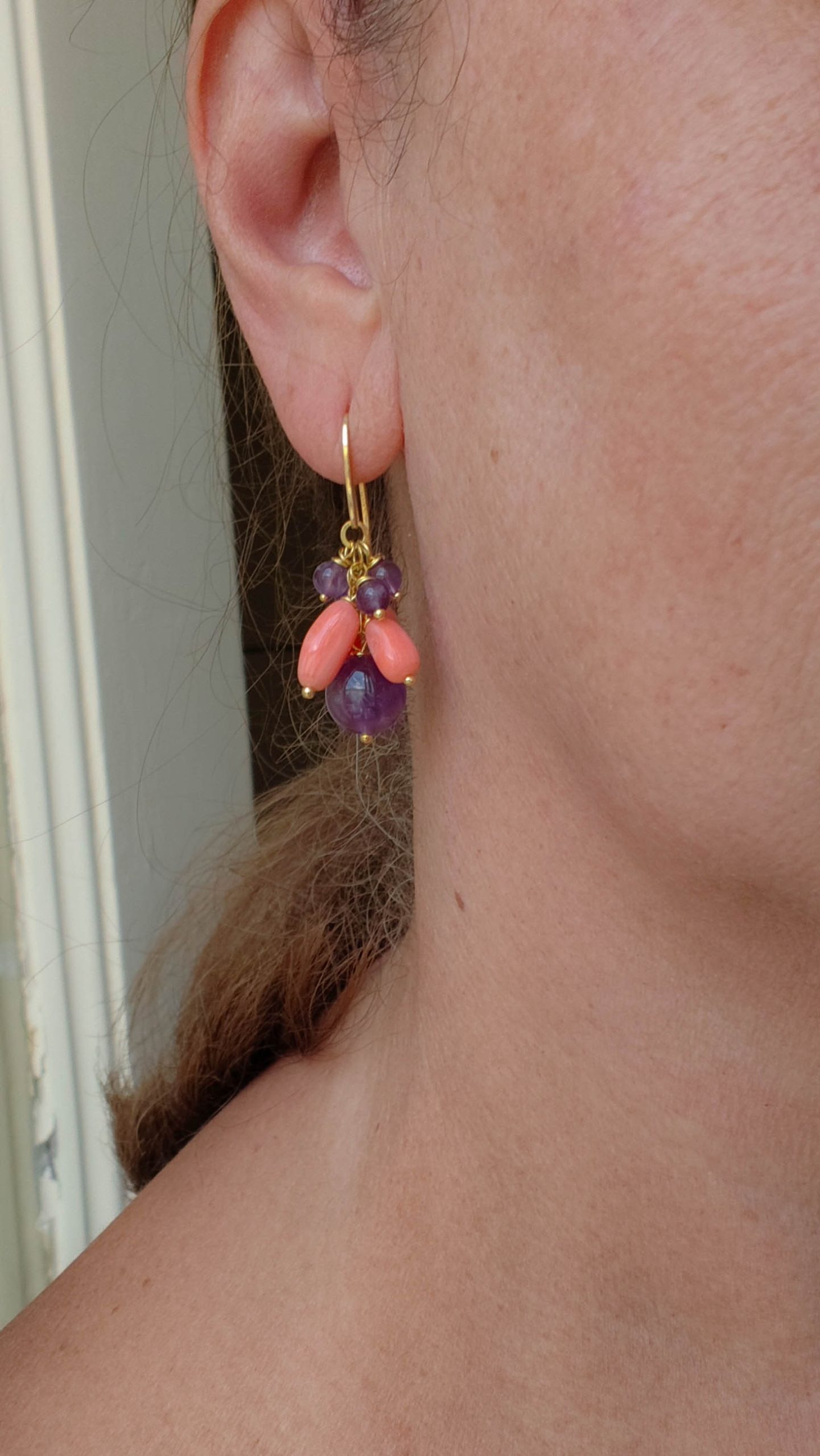 HANDMADE CORAL BAMBOO AMETHYST SILVER GOLD PLATED EARRINGS (10)