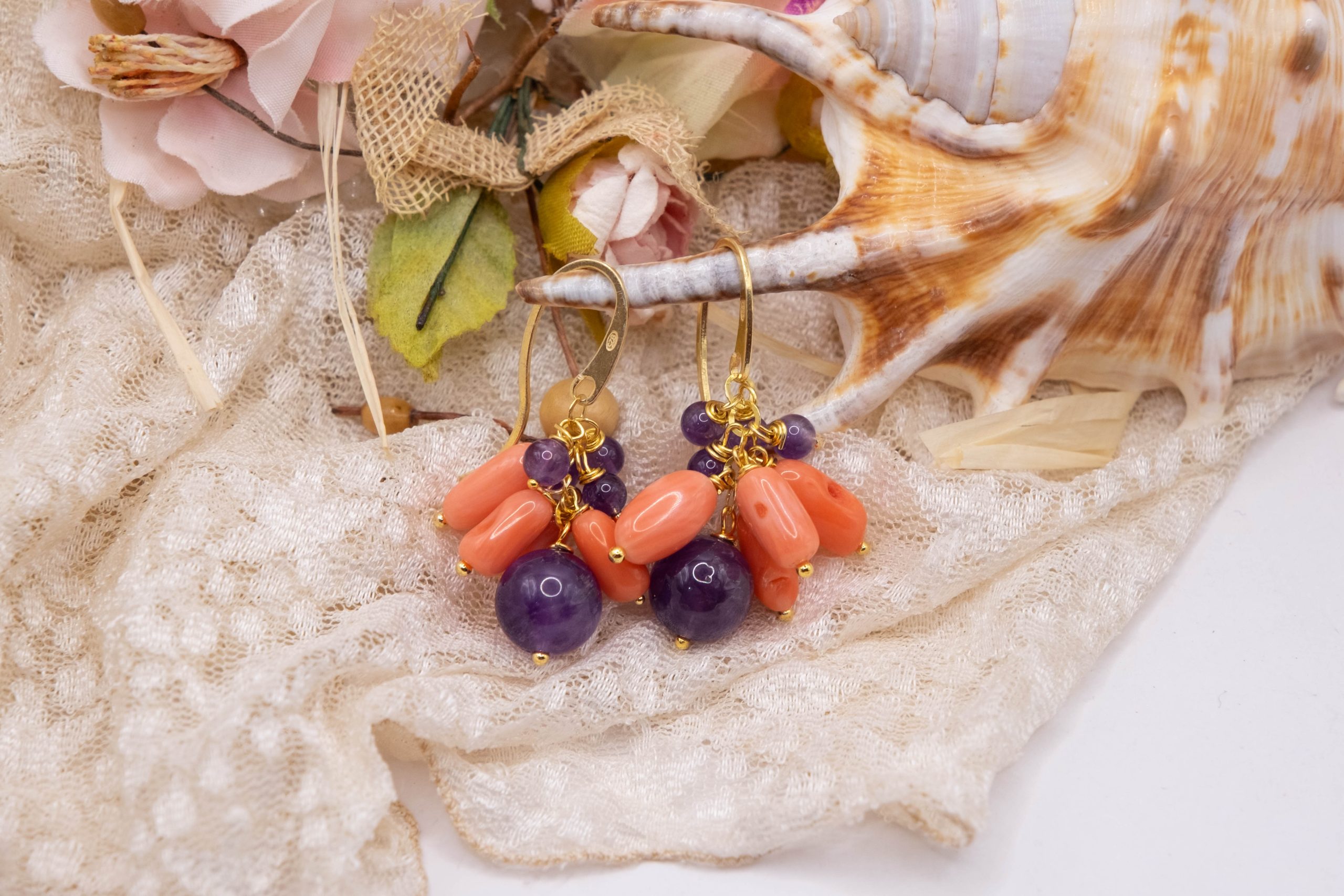HANDMADE CORAL BAMBOO AMETHYST SILVER GOLD PLATED EARRINGS (2)