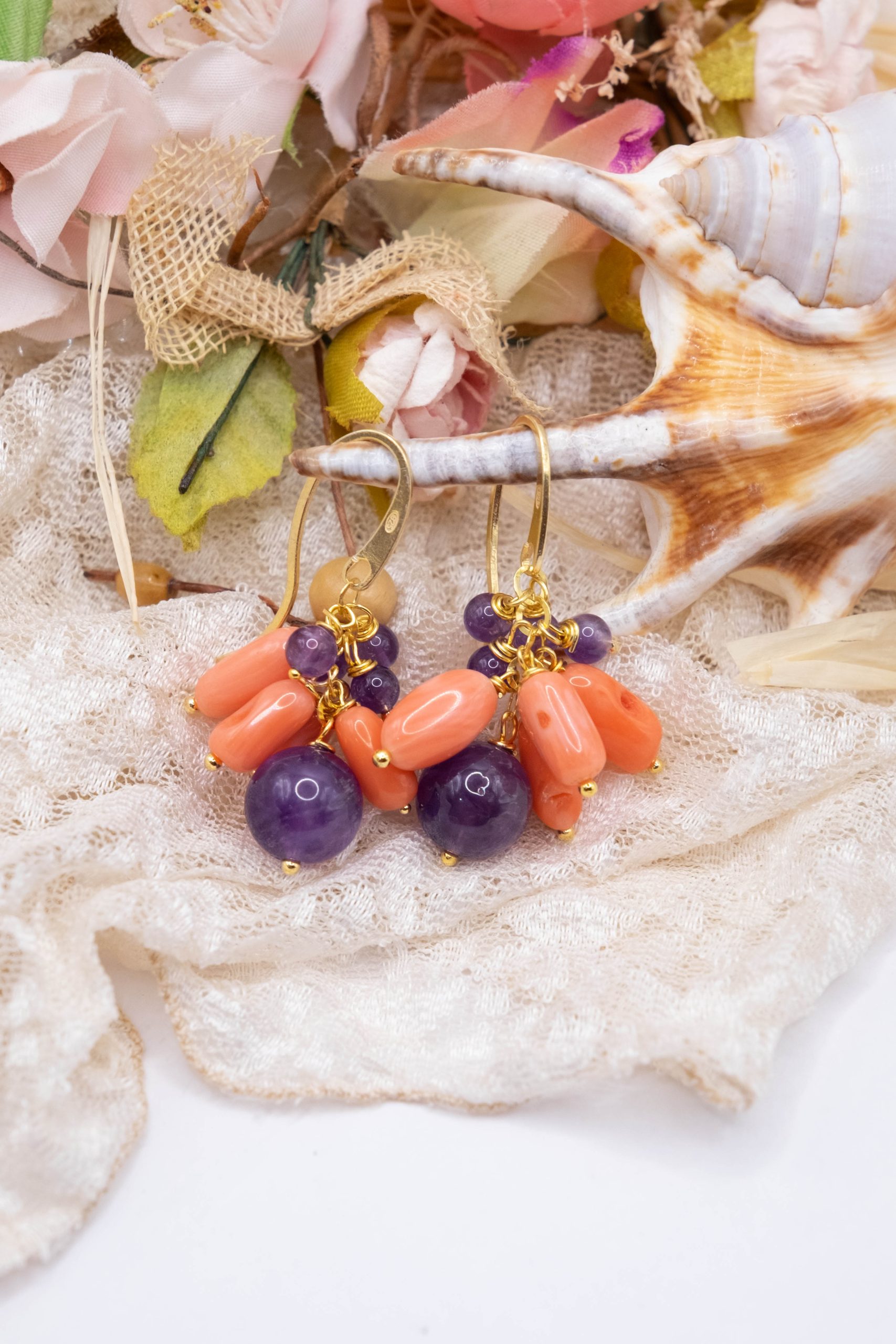 HANDMADE EARRINGS CORAL BAMBOO AMETHYST SILVER GOLD (3)