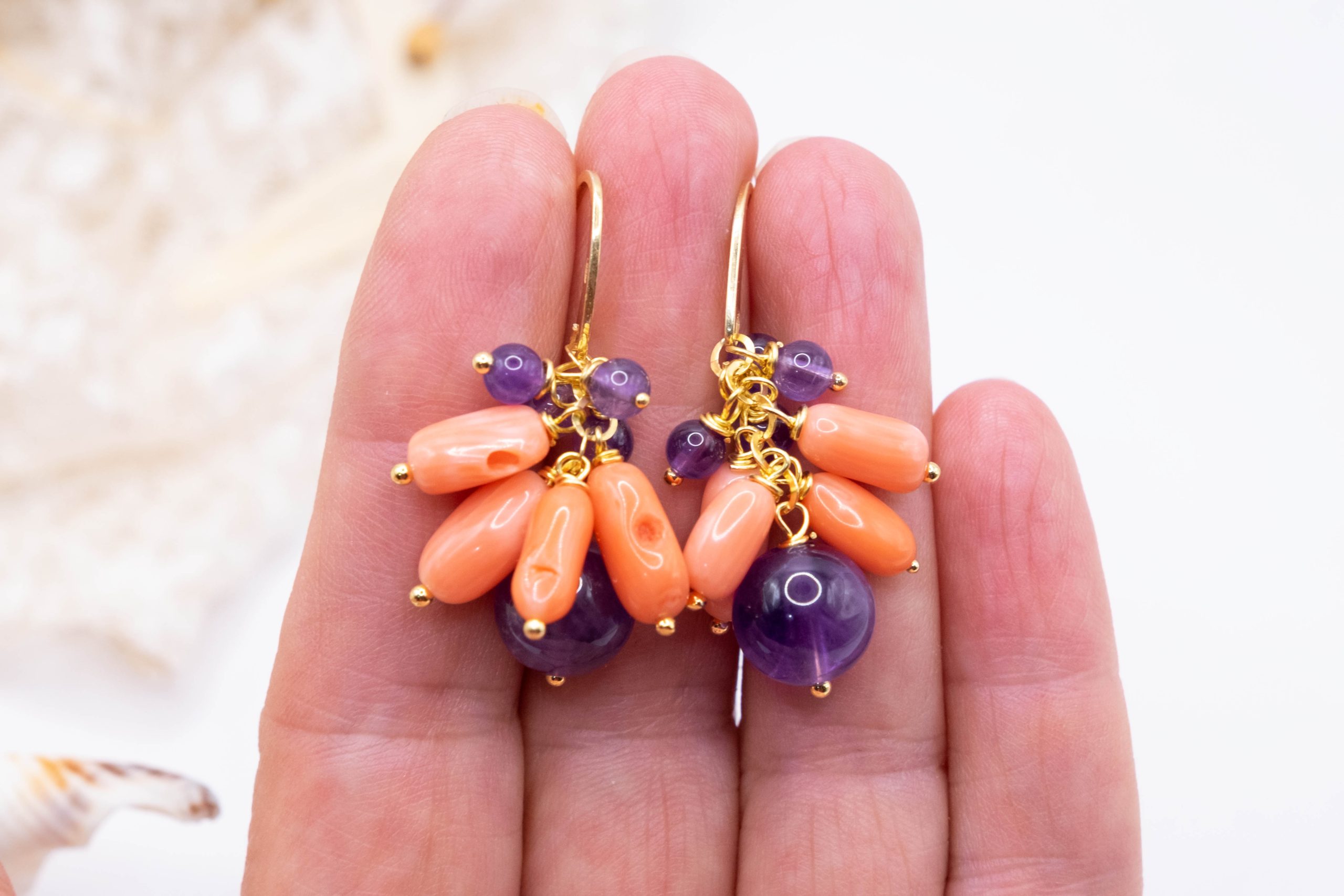 HANDMADE CORAL BAMBOO AMETHYST SILVER GOLD PLATED EARRINGS (4)