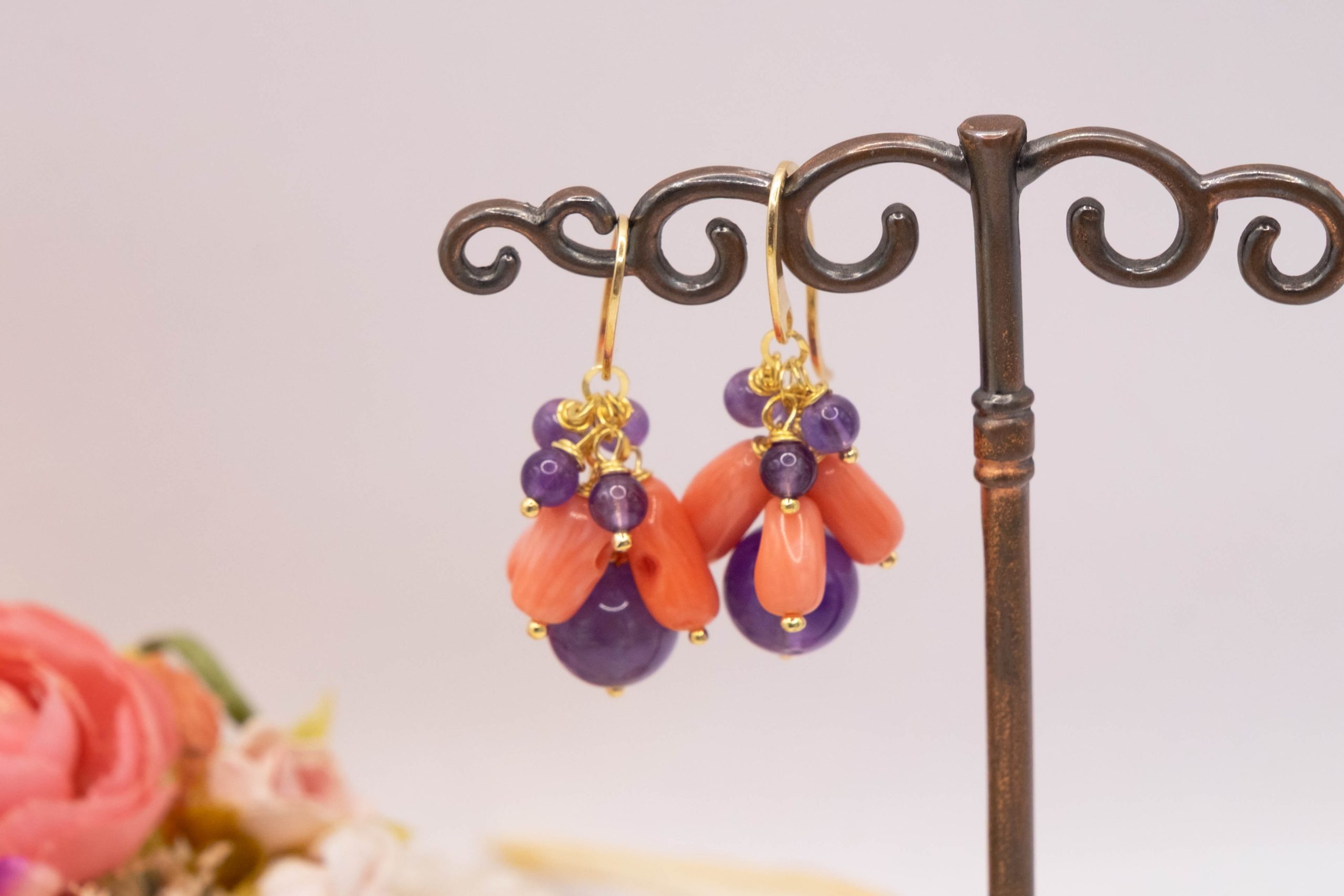 HANDMADE CORAL BAMBOO AMETHYST SILVER GOLD PLATED EARRINGS (5)