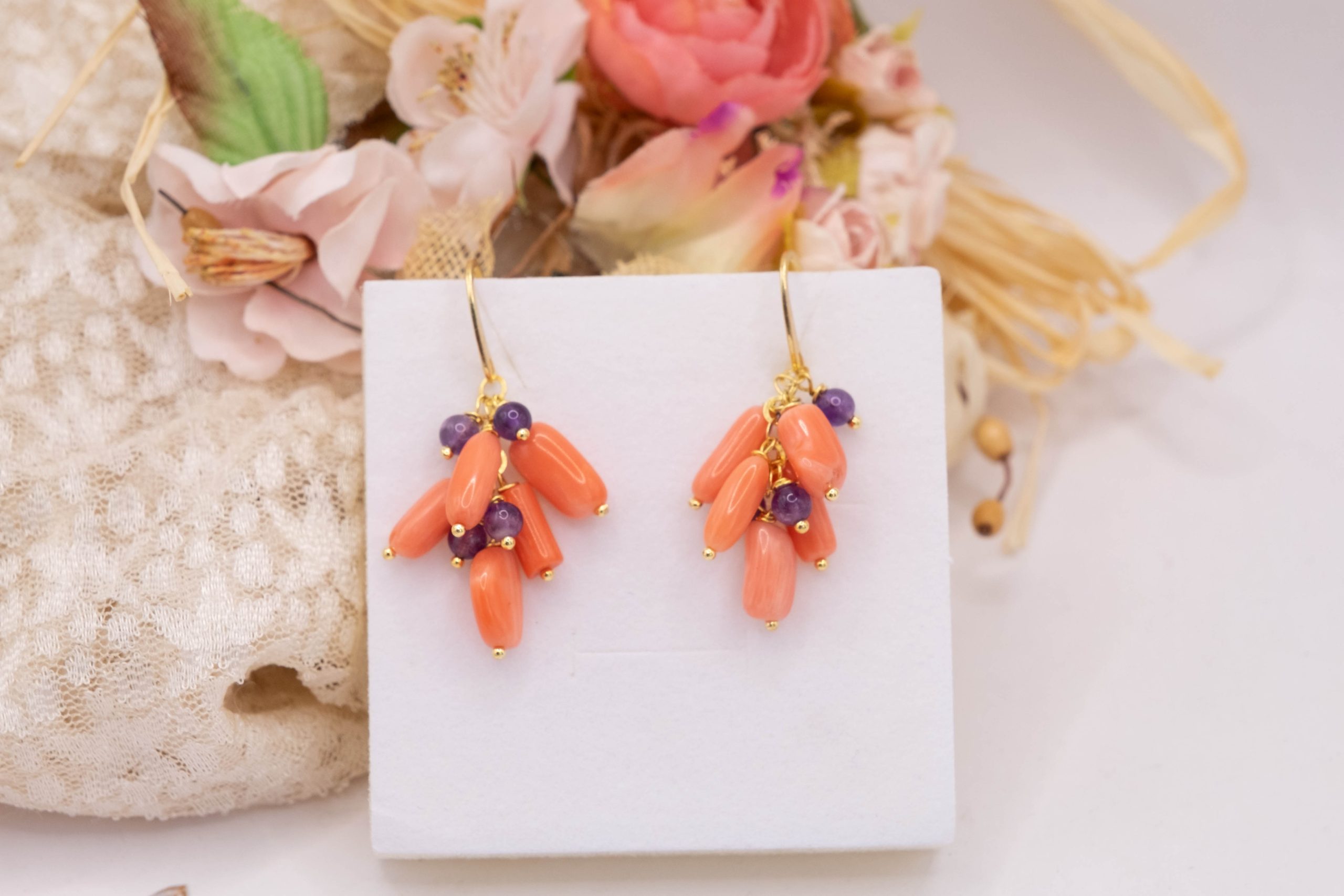 HANDMADE CORAL BAMBOO AMETHYST SILVER GOLD PLATED EARRINGS (8)