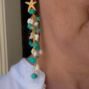 Orecchini Pendentissimi Cascata Turchese Perle Stella Marina