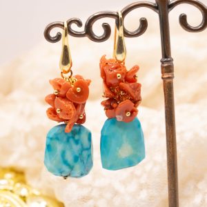 Orecchini Turchese Afgano Corallo Grappolo Argento
