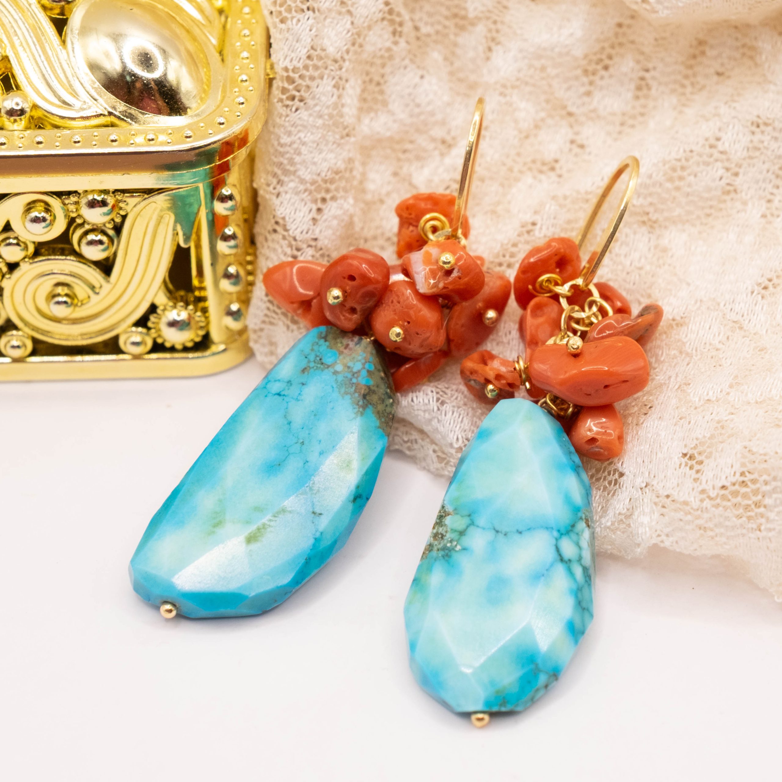 ORECCHINI ARTIGIANALI TURCHESE AFGANO CORALLO ARGENTO (5)