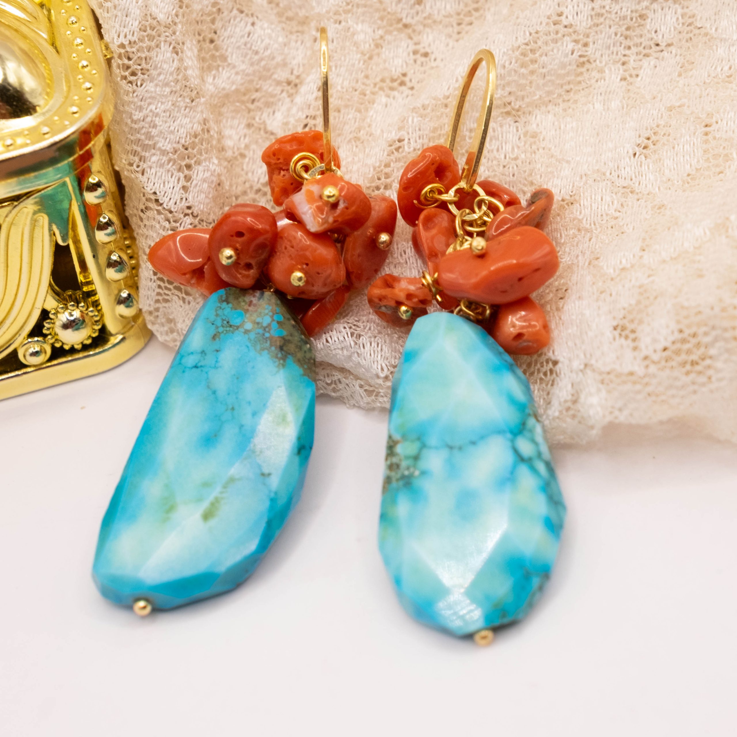 ORECCHINI ARTIGIANALI TURCHESE AFGANO CORALLO ARGENTO (6)