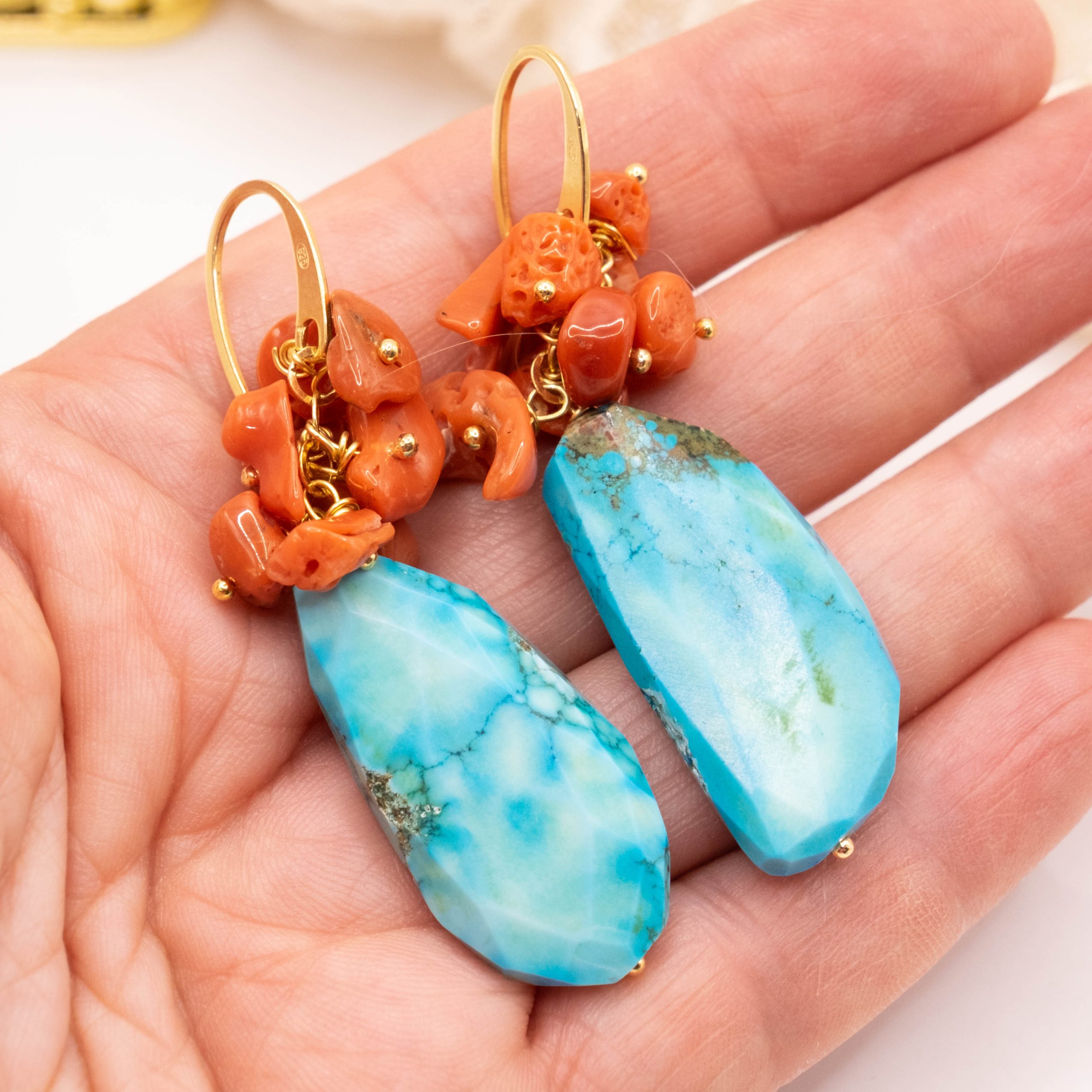 ORECCHINI ARTIGIANALI TURCHESE AFGANO CORALLO ARGENTO (7)