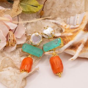 Orecchini Corallo Bamboo Quarzo Verde Perle Naturali Ottone