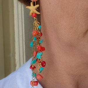 Orecchini Pendentissimi Cascata Turchese Corallo Stella Marina