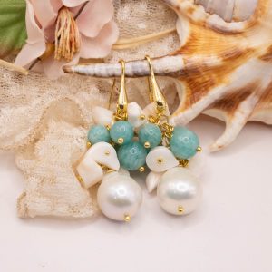 Orecchini Corallo Bianco Crisoprasio Perle Argento 925 Dorato Grappolo