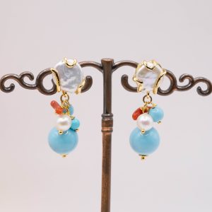 Orecchini Grappolo Turchese Corallo Perle Perno