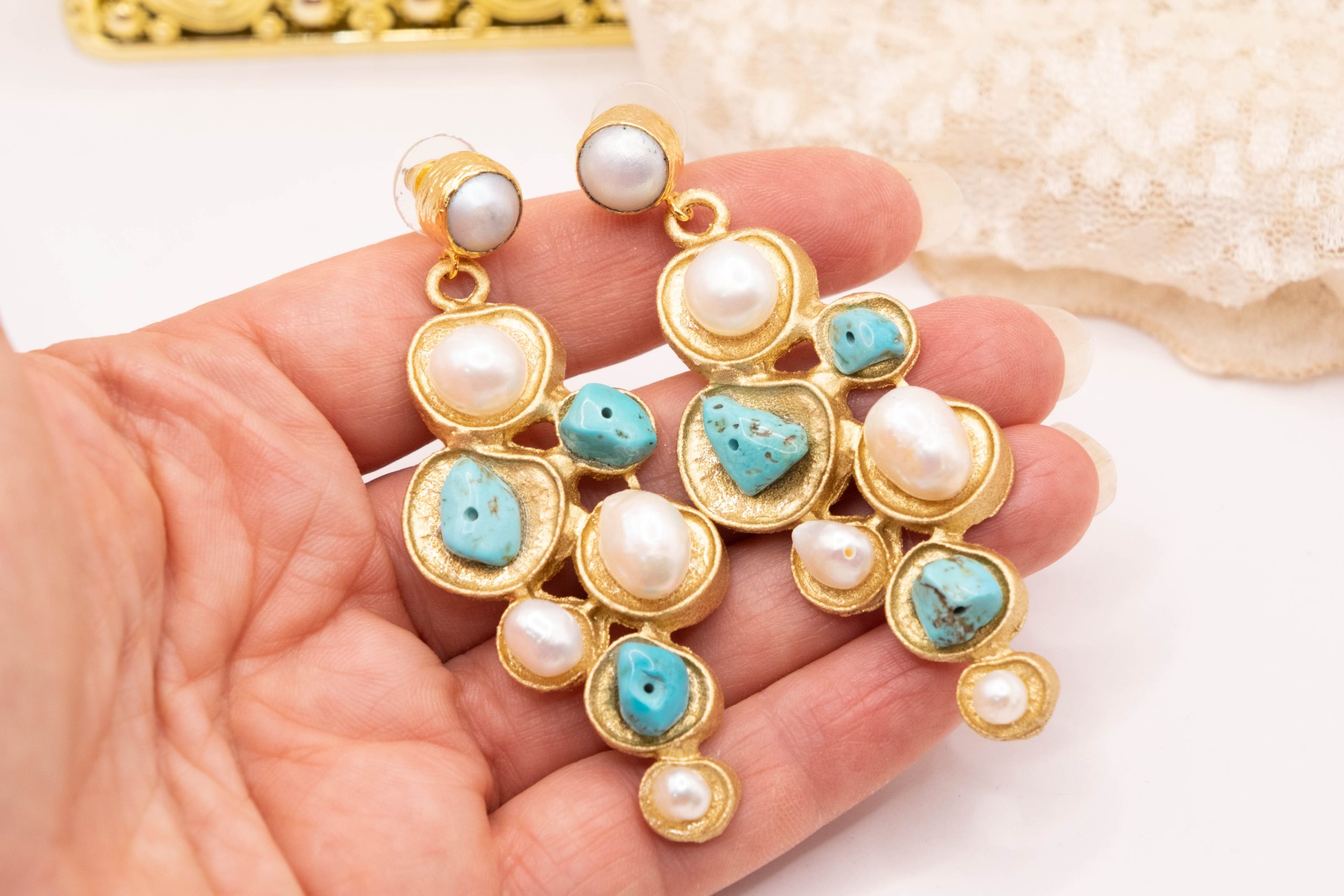 ORECCHINI LOSANGA PERLE TURCHESE (2)