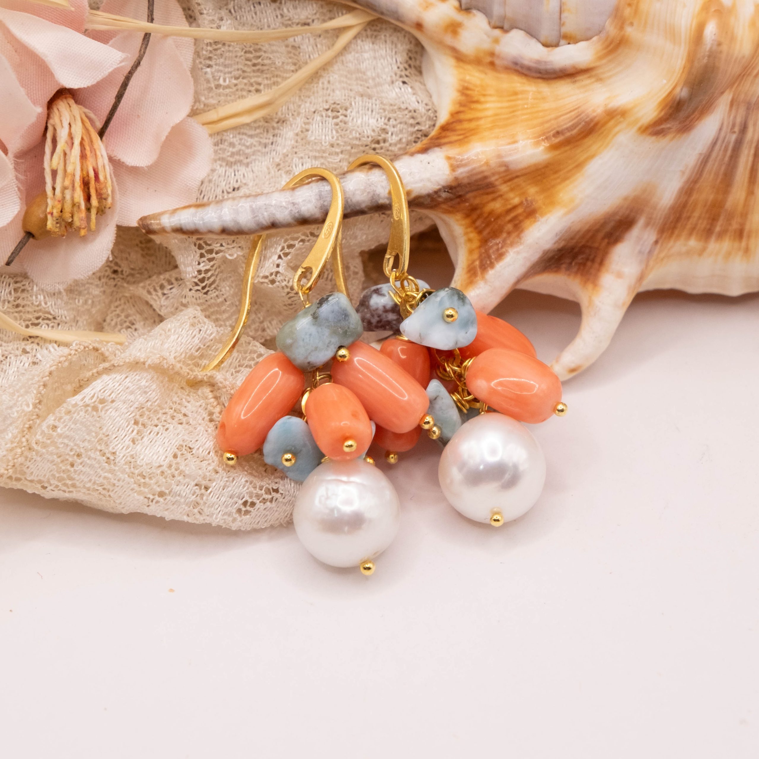 ORECCHINI PENDENTI ARTIGIANALI CORALLO BAMBOO ROSA SALMONE LARIMAR PERLE ARGENTO CORTI (2)