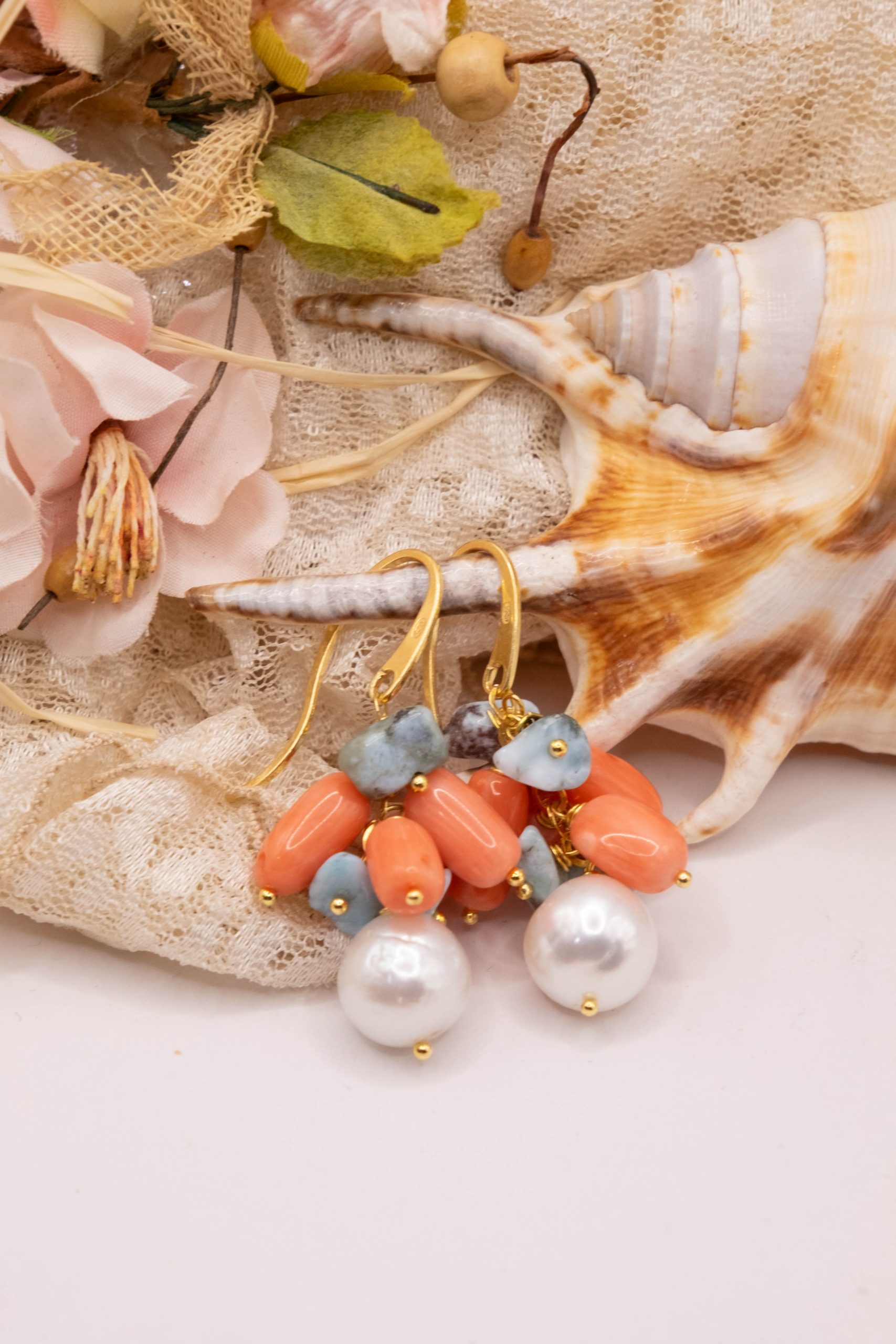 ORECCHINI PENDENTI ARTIGIANALI CORALLO BAMBOO ROSA SALMONE LARIMAR PERLE ARGENTO CORTI (3)