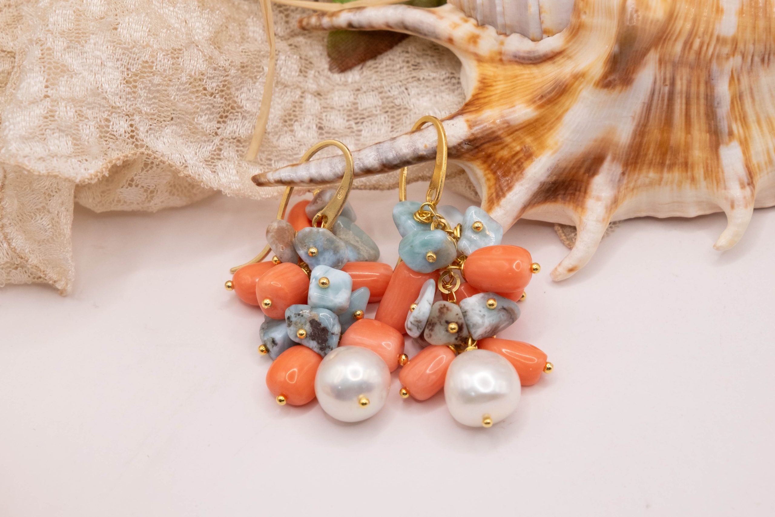 ORECCHINI PENDENTI ARTIGIANALI CORALLO BAMBOO ROSA SALMONE LARIMAR PERLE ARGENTO LUNGHI (1)