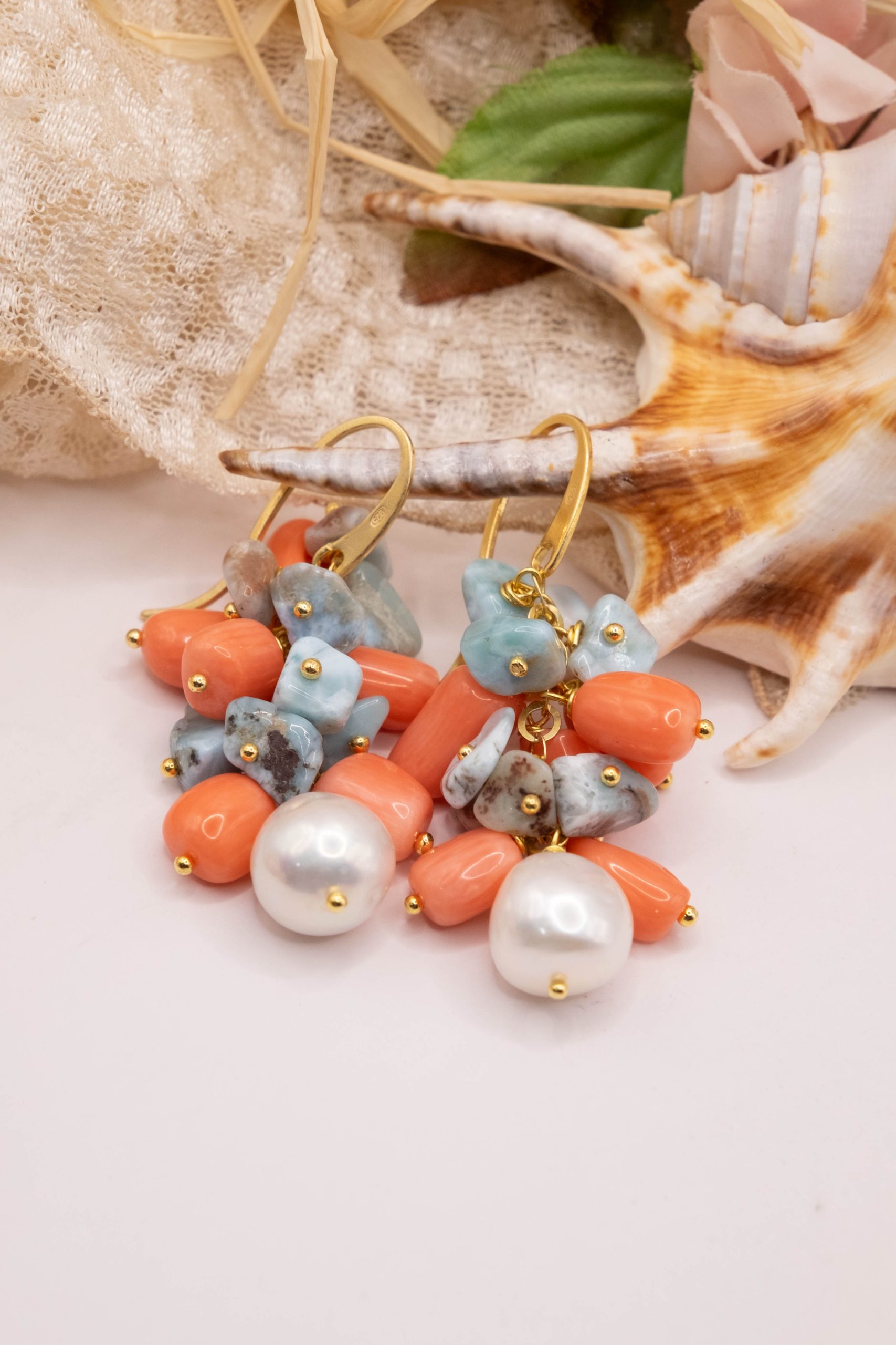 ORECCHINI PENDENTI ARTIGIANALI CORALLO BAMBOO ROSA SALMONE LARIMAR PERLE ARGENTO LUNGHI (2)