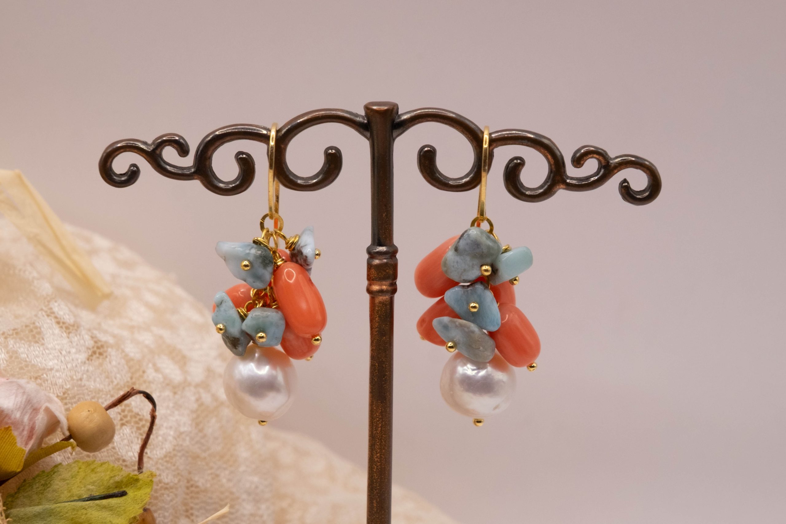 ORECCHINI PENDENTI ARTIGIANALI CORALLO BAMBOO ROSA SALMONE LARIMAR PERLE ARGENTO LUNGHI