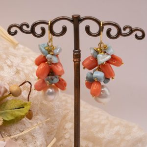 Orecchini Corallo Bamboo Larimar Perle Naturali Argento 2 lunghezze