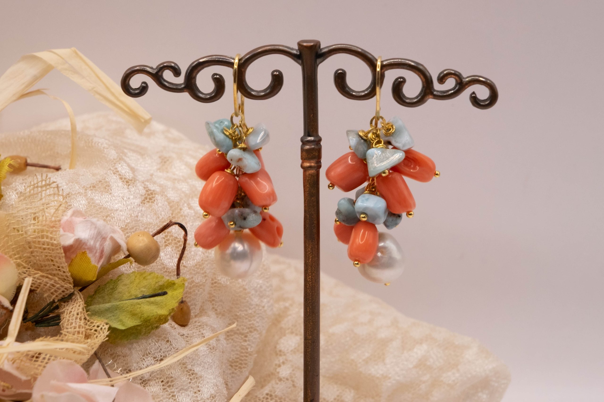 ORECCHINI PENDENTI ARTIGIANALI CORALLO BAMBOO ROSA SALMONE LARIMAR PERLE ARGENTO LUNGHI