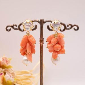 Orecchini Corallo Bamboo Salmone Perle 2 Lunghezze