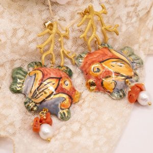 Orecchini Pesci Ceramica di Caltagirone Corallo e Perle