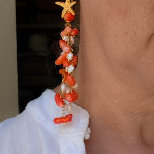 Orecchini Pendentissimi Cascata Perle Corallo Stella Marina