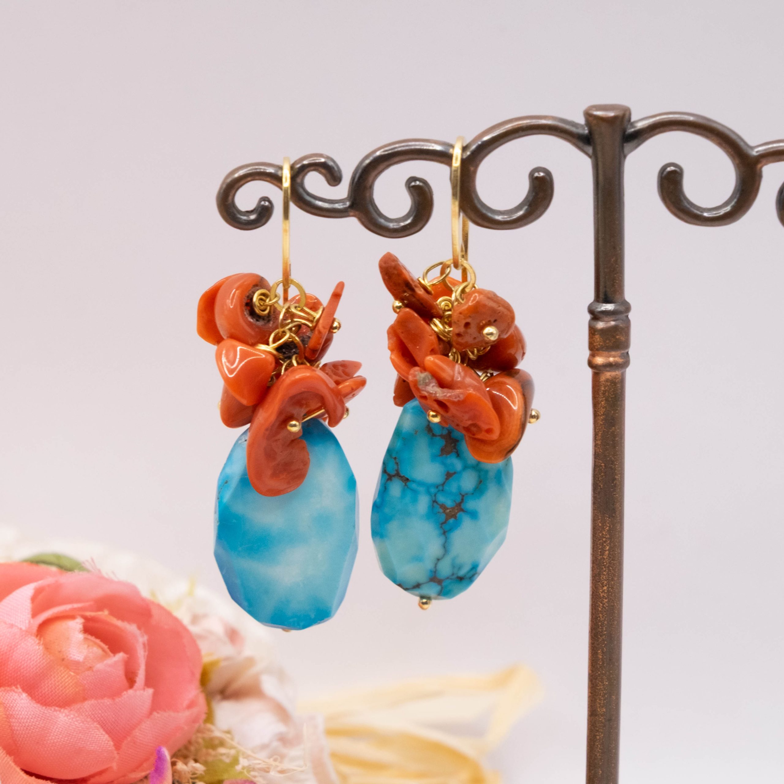 ORECCHINI TURCHESE CORALLO NATURALE ARGENTO 925 DORATO