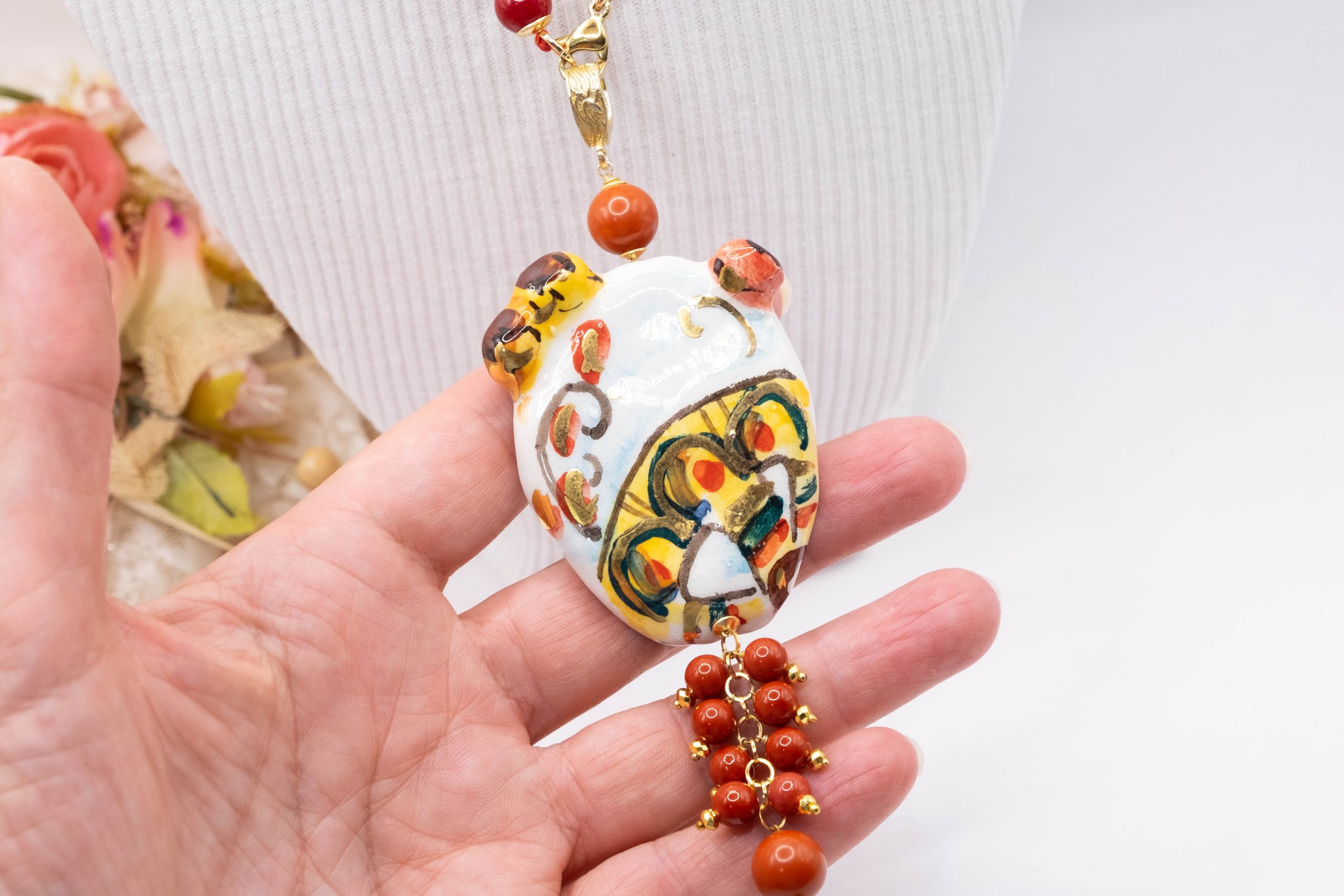 PRICKLY PEAR NECKLACE IN SICILIAN CERAMIC FROM CALTAGIRONE WITH MAJORCA PEARLS (2)