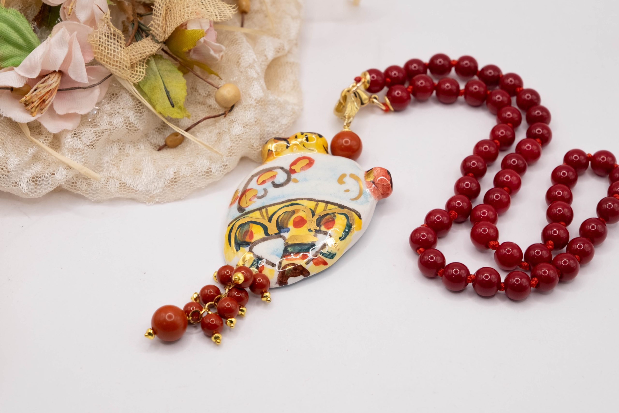PRICKLY PEAR NECKLACE IN SICILIAN CERAMIC FROM CALTAGIRONE WITH MAJORCA PEARLS (3)