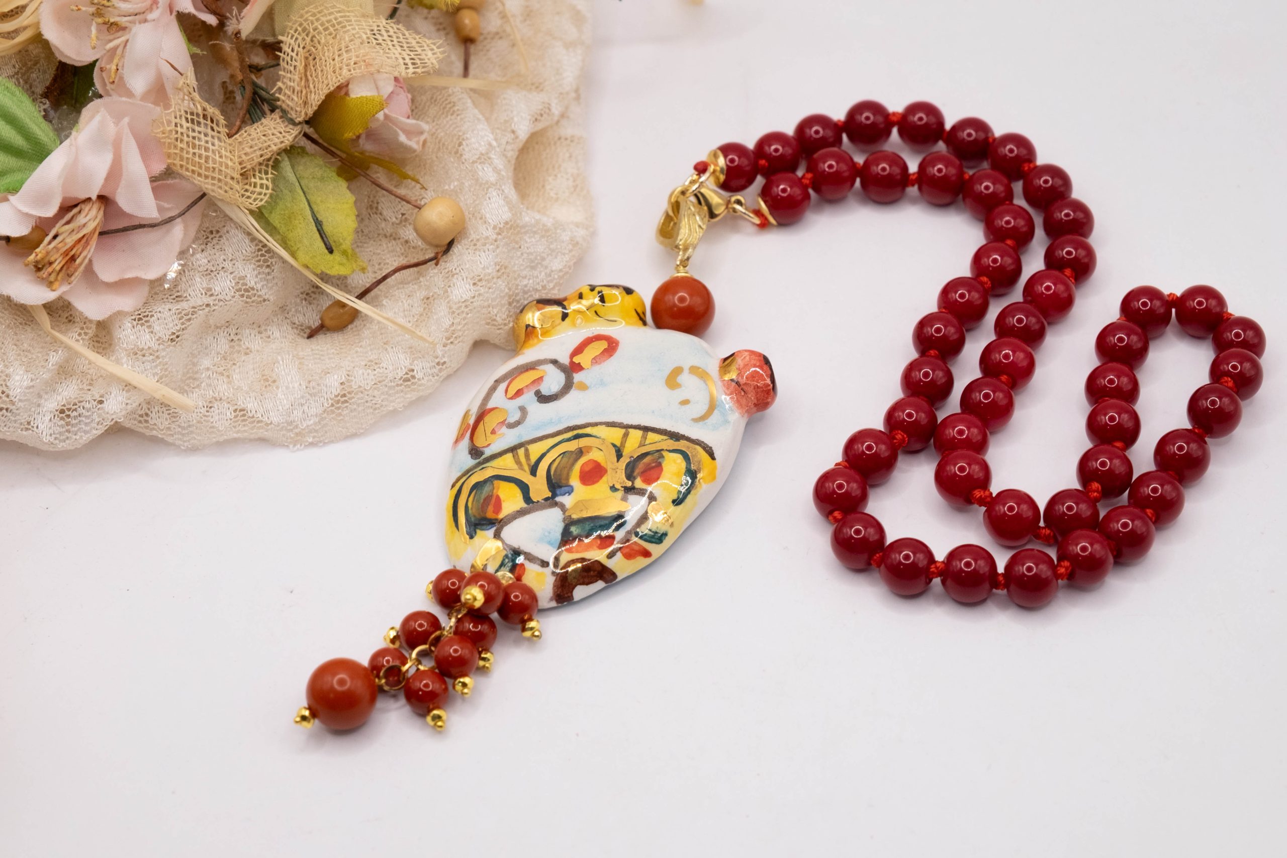 PRICKLY PEAR NECKLACE IN SICILIAN CERAMIC FROM CALTAGIRONE WITH MAJORCA PEARLS (5)