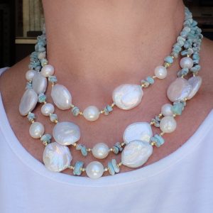 Collana Multifilo "Gocce di mare" Larimar Perle Ematite Argento 925