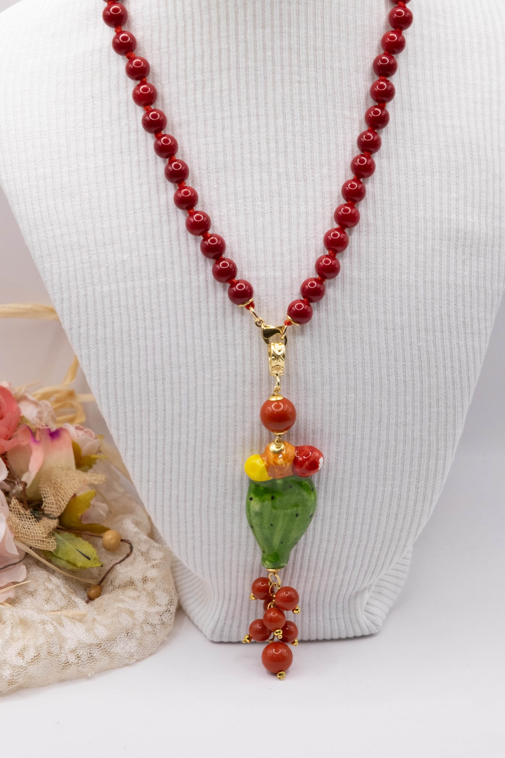 COLLANA MAIORCA ROSSE O OCCHIO DI GATTO GIALLO FICO D'INDIA CERAMICA DI CALTAGIRONE (2)