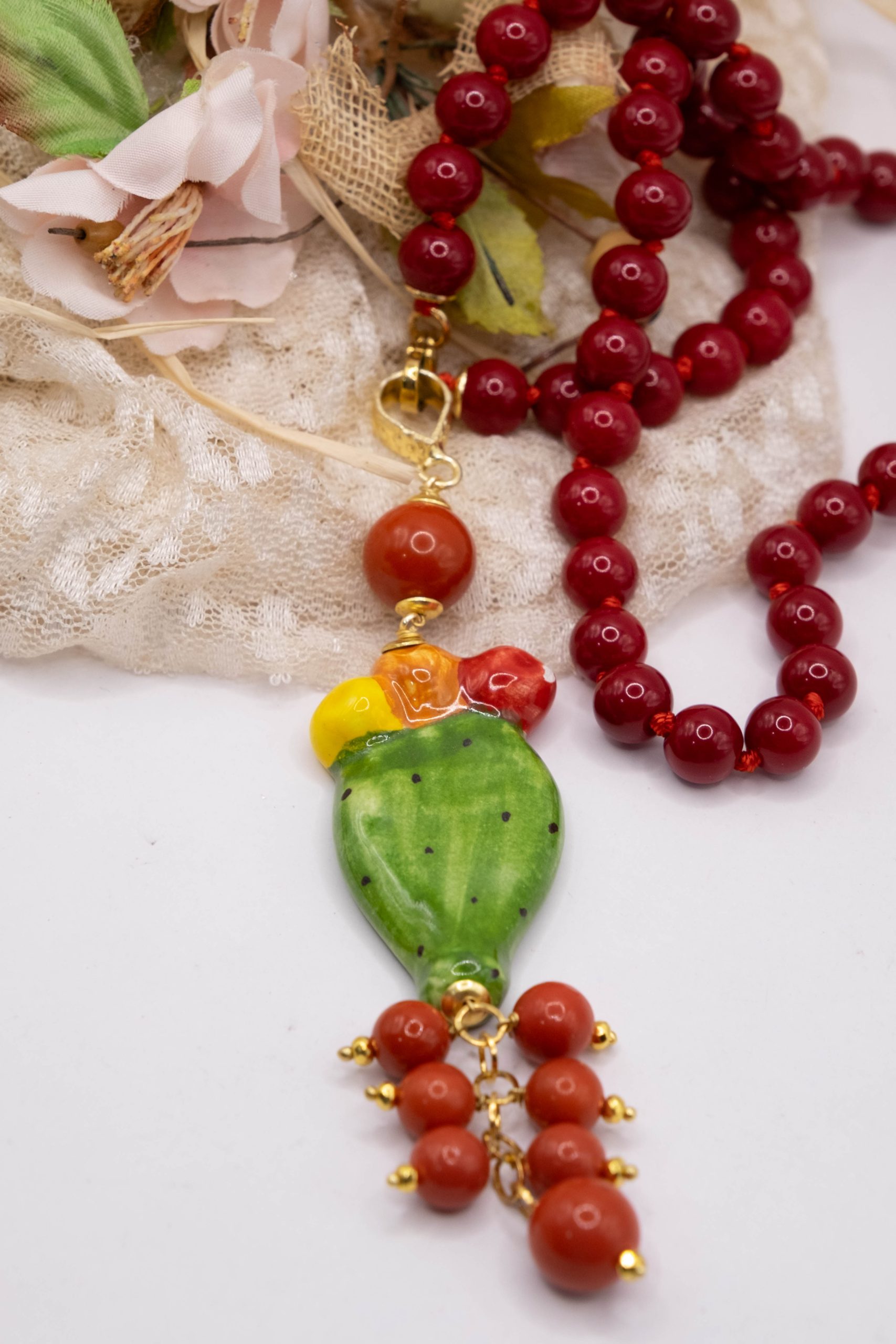 COLLANA MAIORCA ROSSE O OCCHIO DI GATTO GIALLO FICO D'INDIA CERAMICA DI CALTAGIRONE (4)