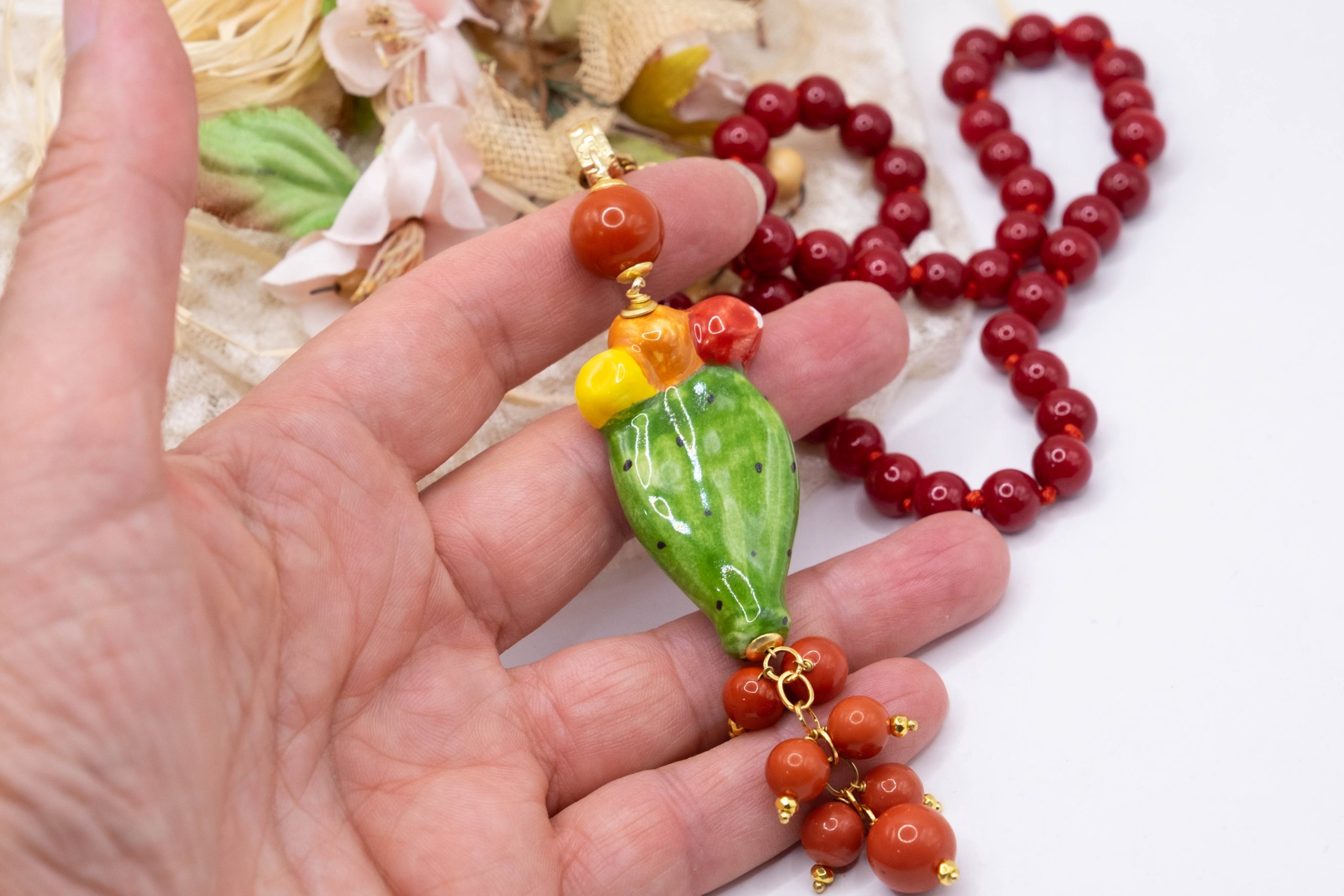 COLLANA MAIORCA ROSSE O OCCHIO DI GATTO GIALLO FICO D'INDIA CERAMICA DI CALTAGIRONE (5)