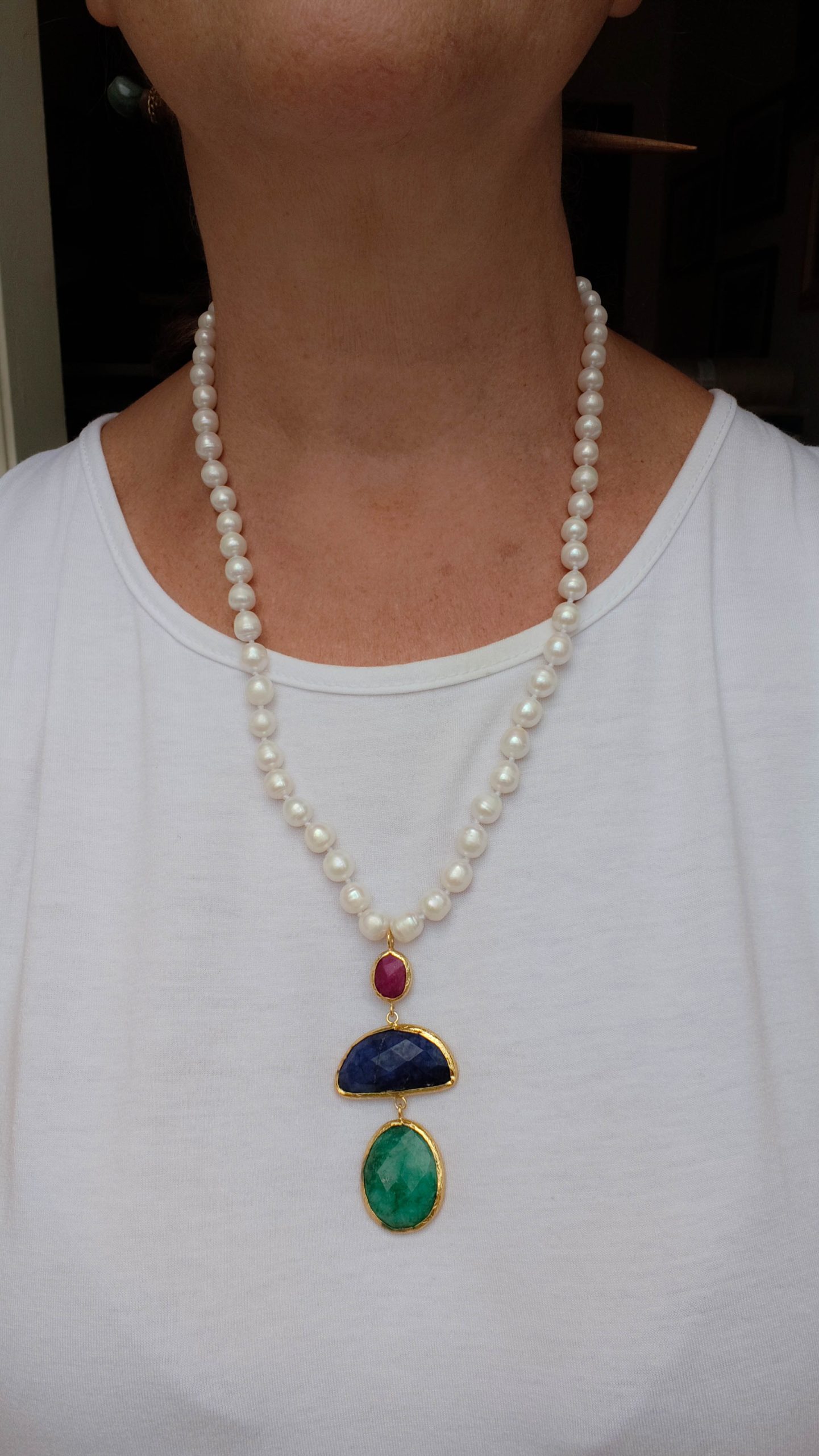 COLLANA PERLE NATURALI CIONDOLI PIETRE DURE ARGENTO DORATO (1)