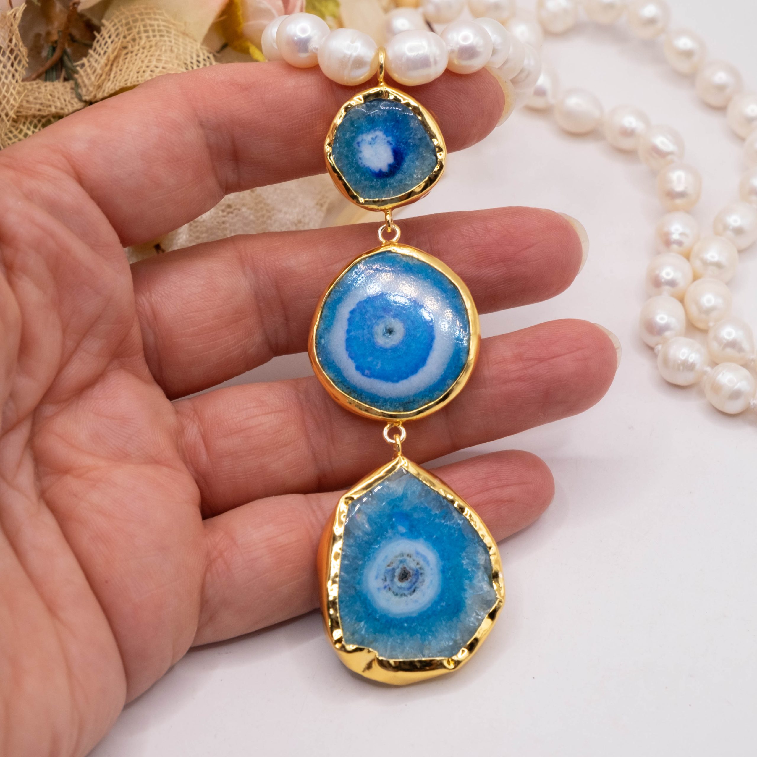 COLLANA PERLE NATURALI CIONDOLI PIETRE DURE ARGENTO DORATO (1)