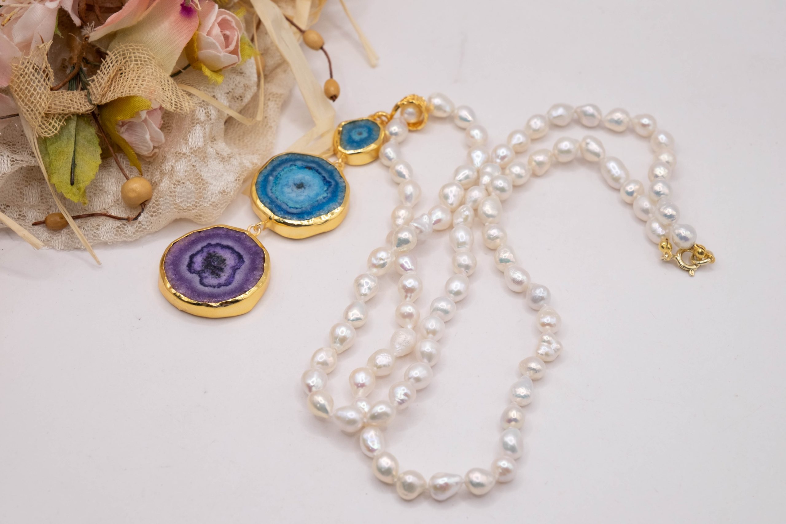 COLLANA PERLE NATURALI CIONDOLI PIETRE DURE ARGENTO DORATO (10)