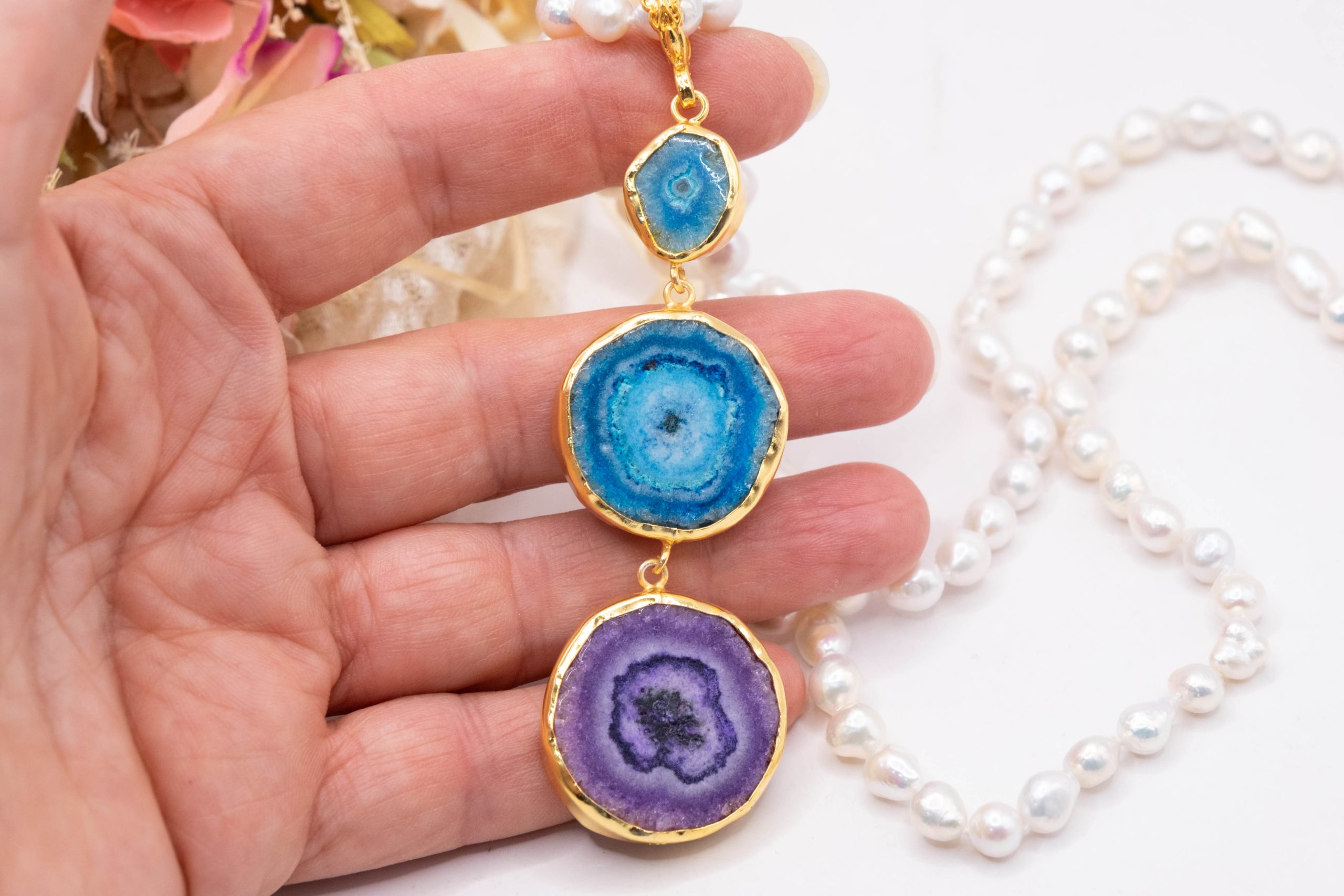 COLLANA PERLE NATURALI CIONDOLI PIETRE DURE ARGENTO DORATO (11)