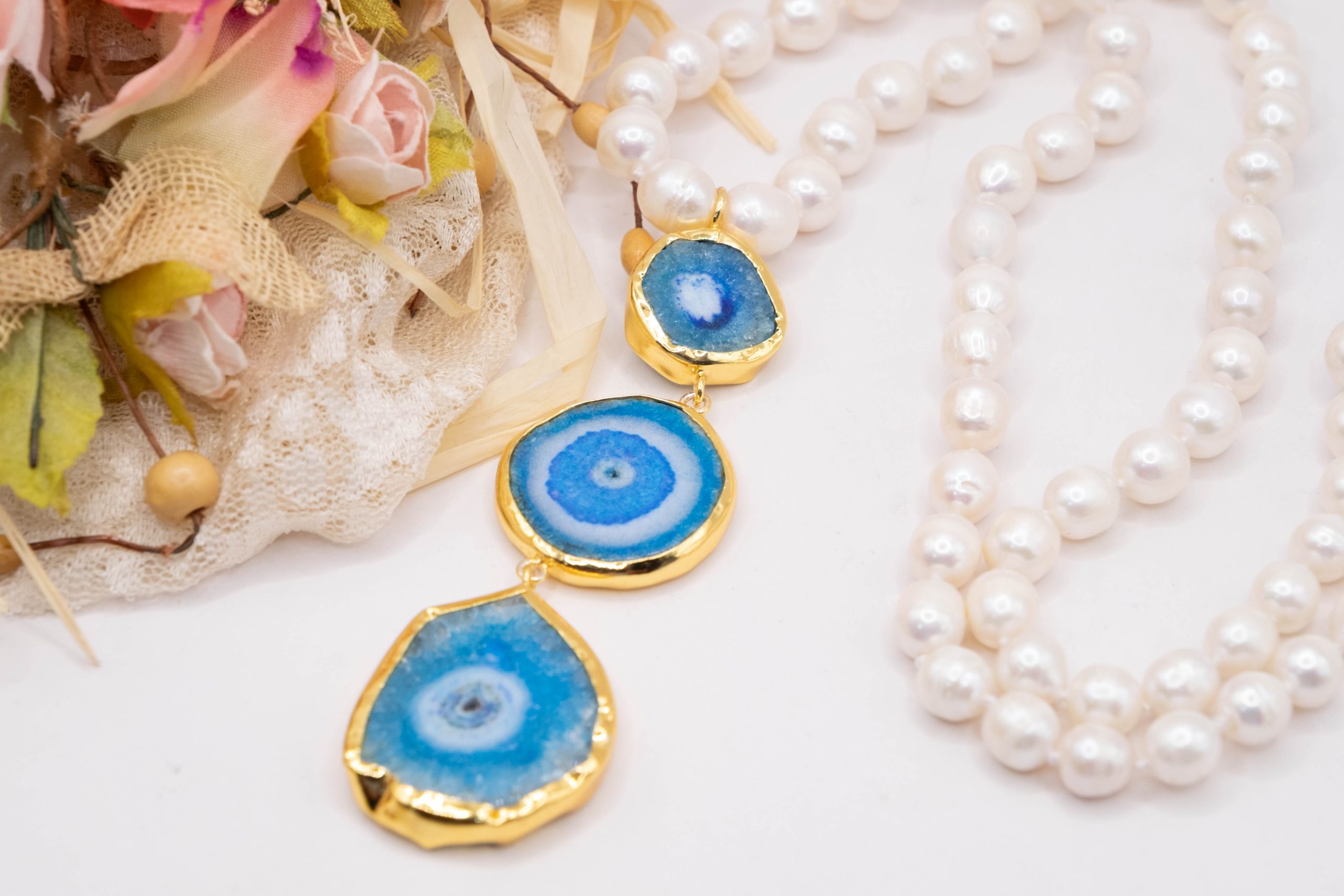 COLLANA PERLE NATURALI CIONDOLI PIETRE DURE ARGENTO DORATO (12)