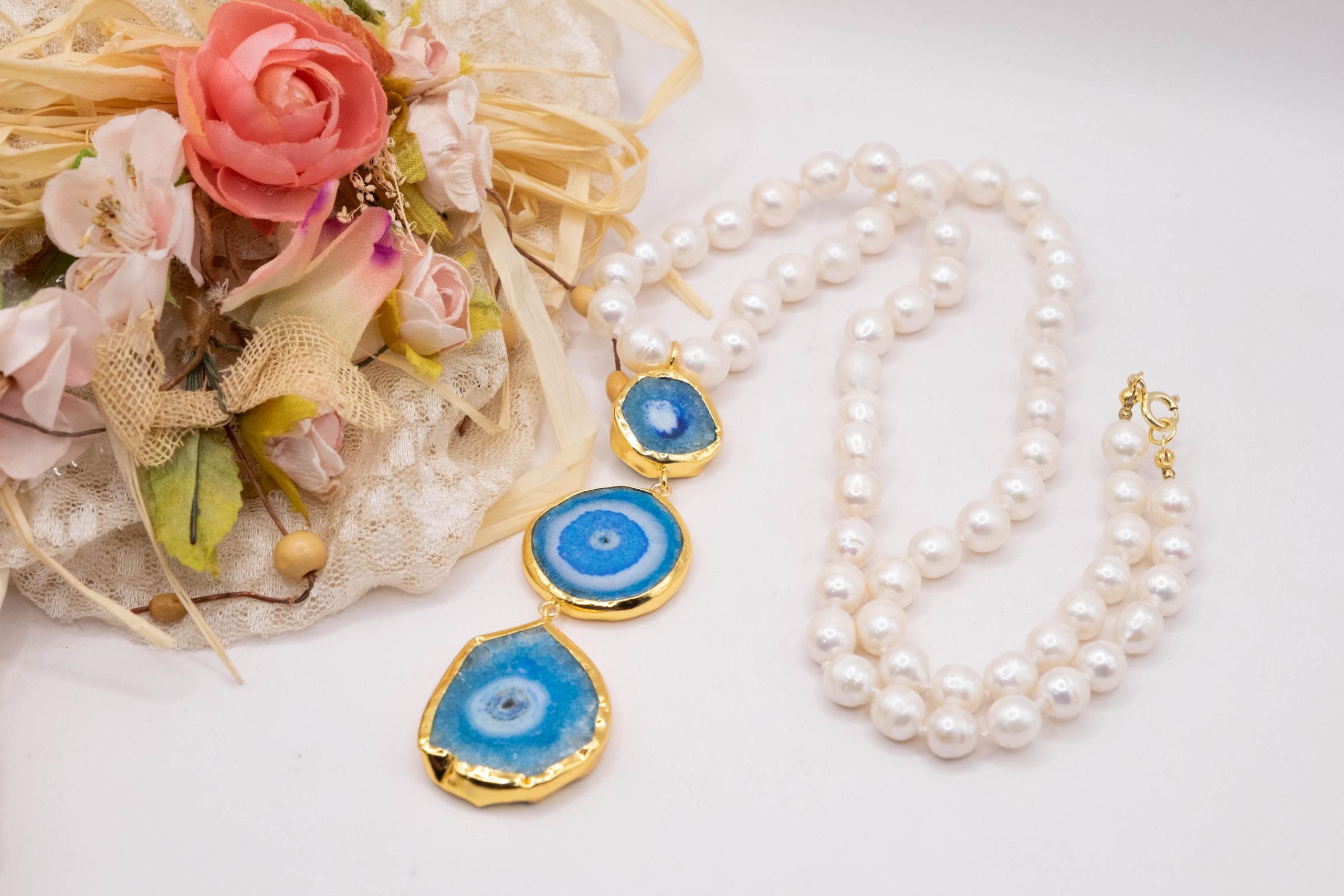 COLLANA PERLE NATURALI CIONDOLI PIETRE DURE ARGENTO DORATO (13)