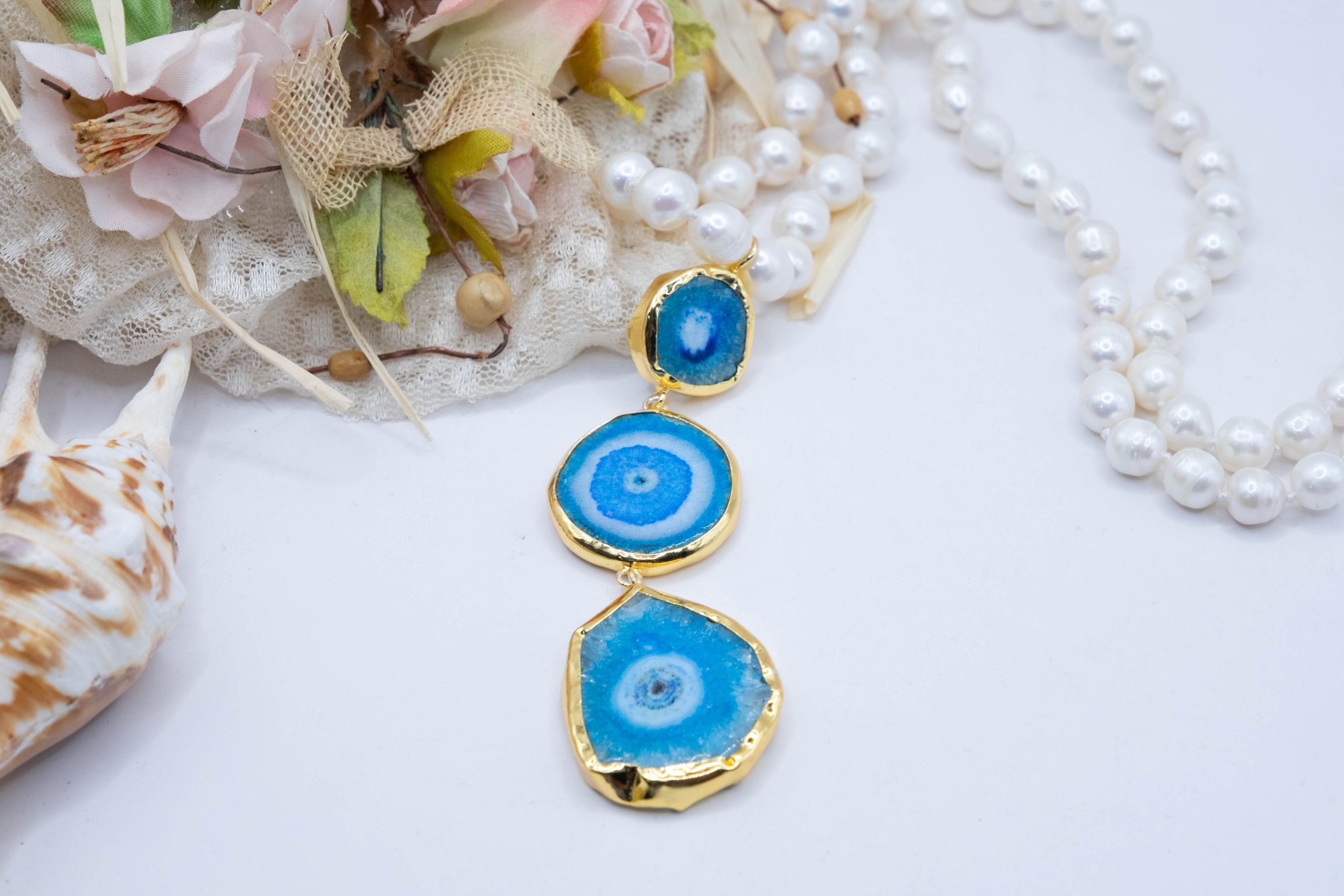 COLLANA PERLE NATURALI CIONDOLI PIETRE DURE ARGENTO DORATO (14)