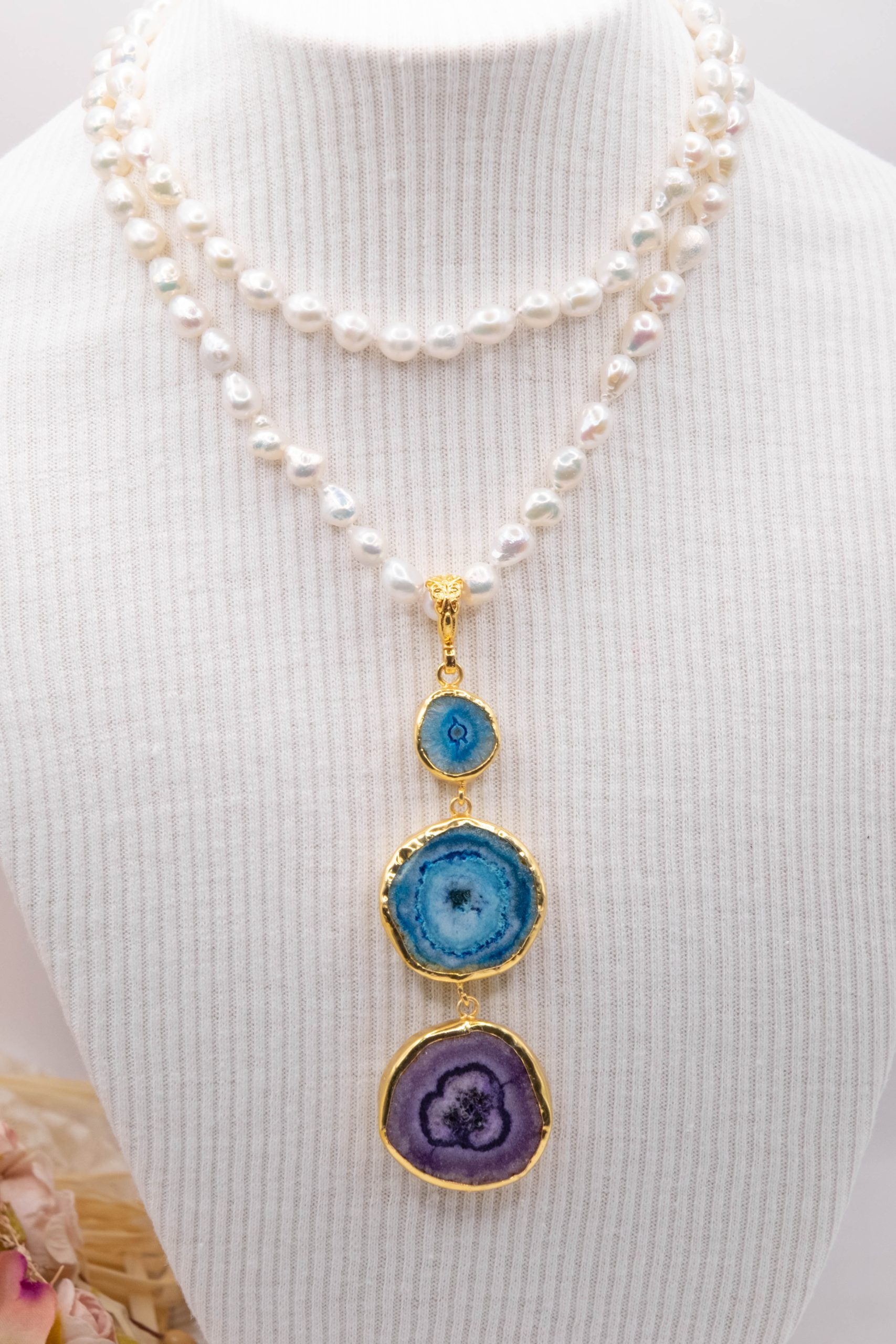 COLLANA PERLE NATURALI CIONDOLI PIETRE DURE ARGENTO DORATO (2)