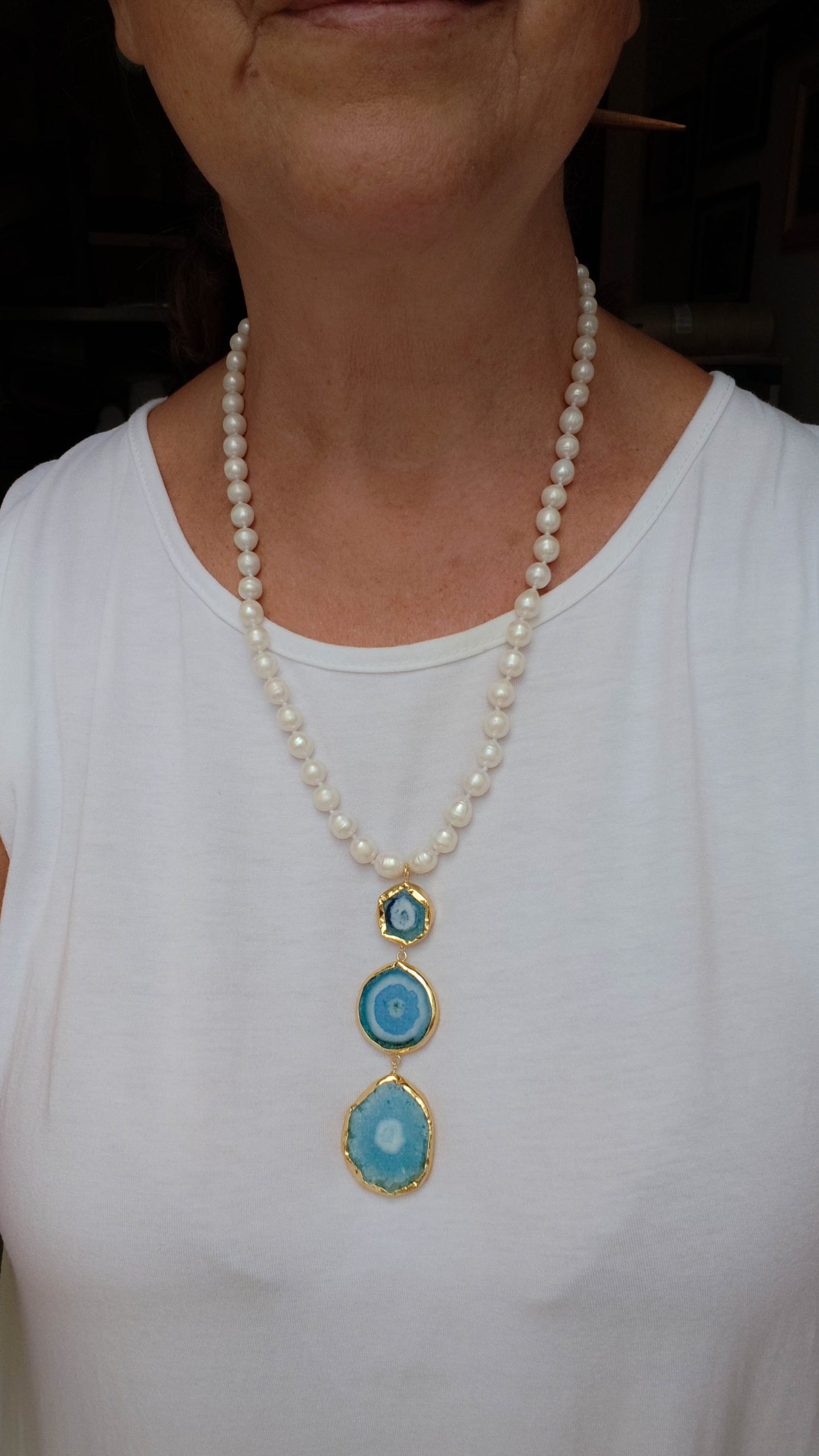 COLLANA PERLE NATURALI CIONDOLI PIETRE DURE ARGENTO DORATO (3)