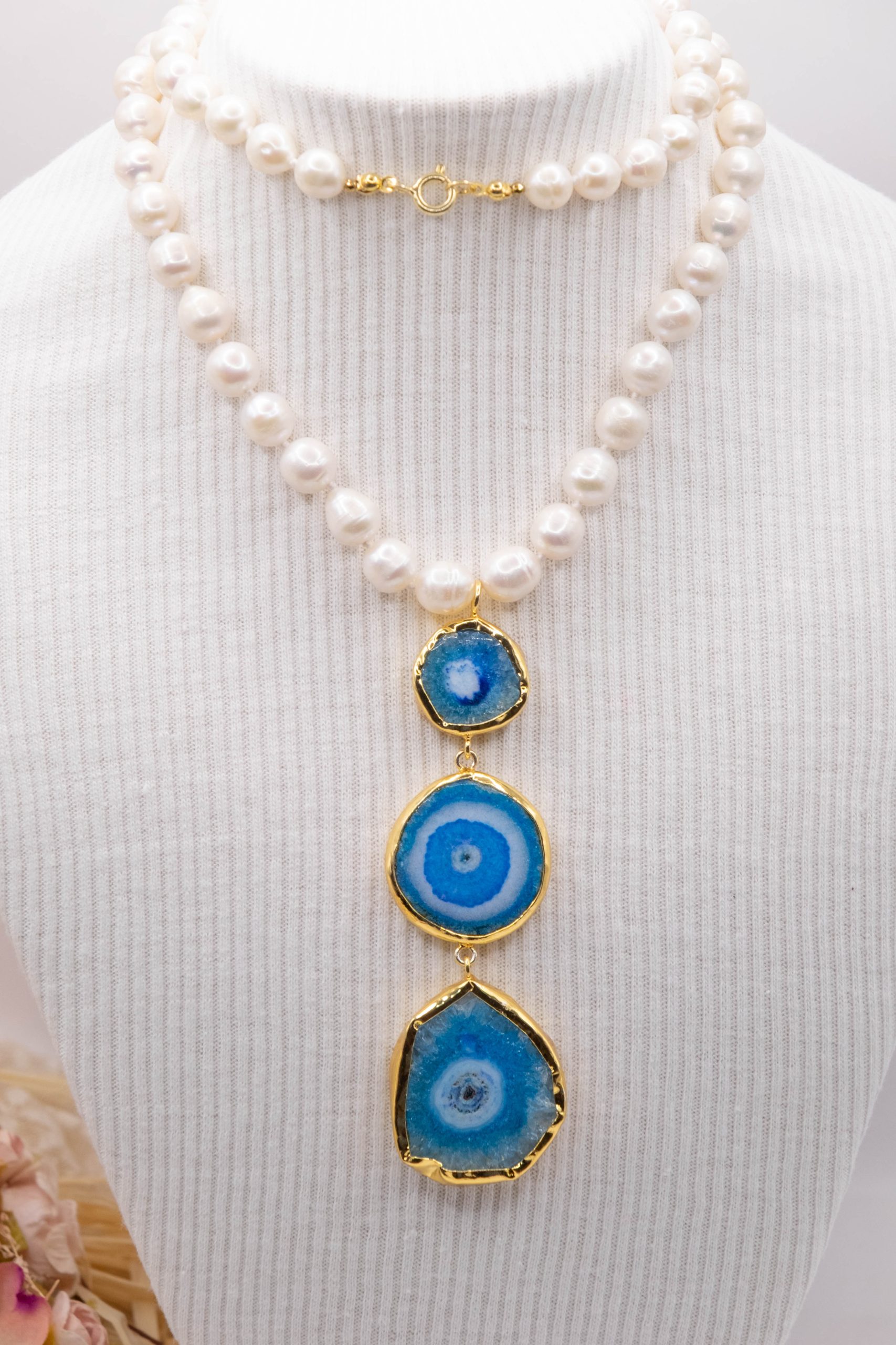 COLLANA PERLE NATURALI CIONDOLI PIETRE DURE ARGENTO DORATO (3)