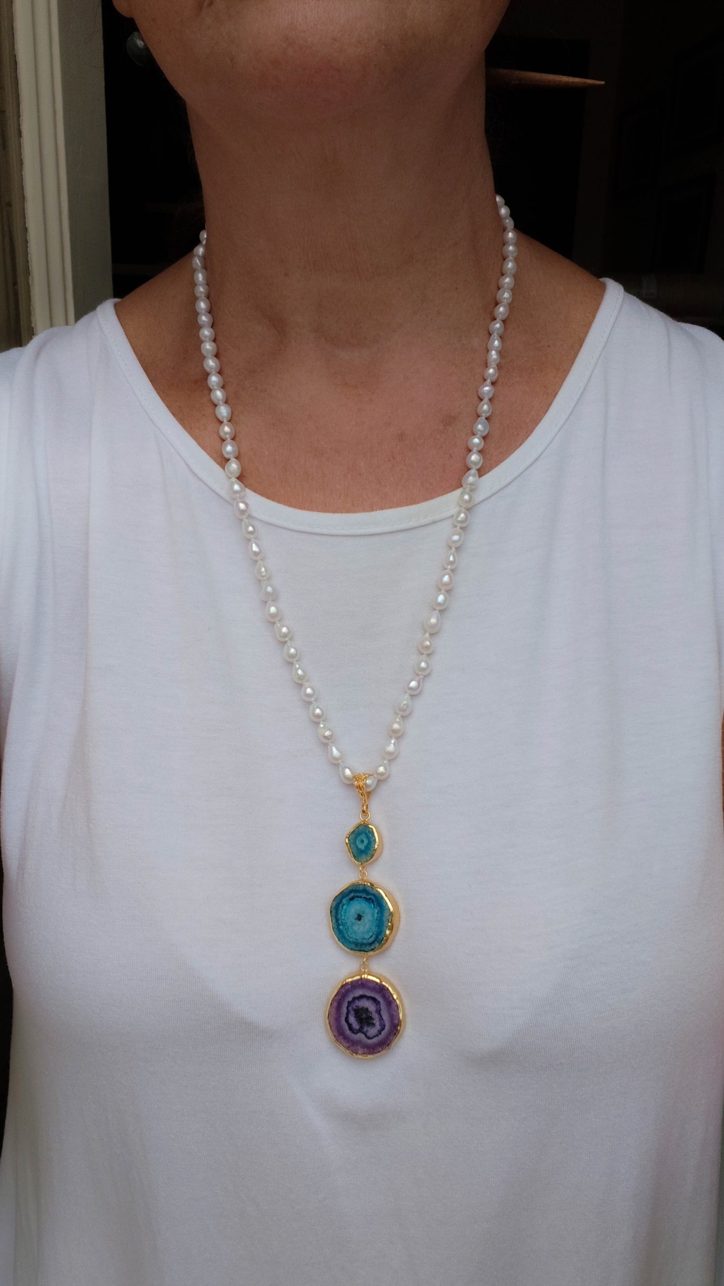 COLLANA PERLE NATURALI CIONDOLI PIETRE DURE ARGENTO DORATO (4)