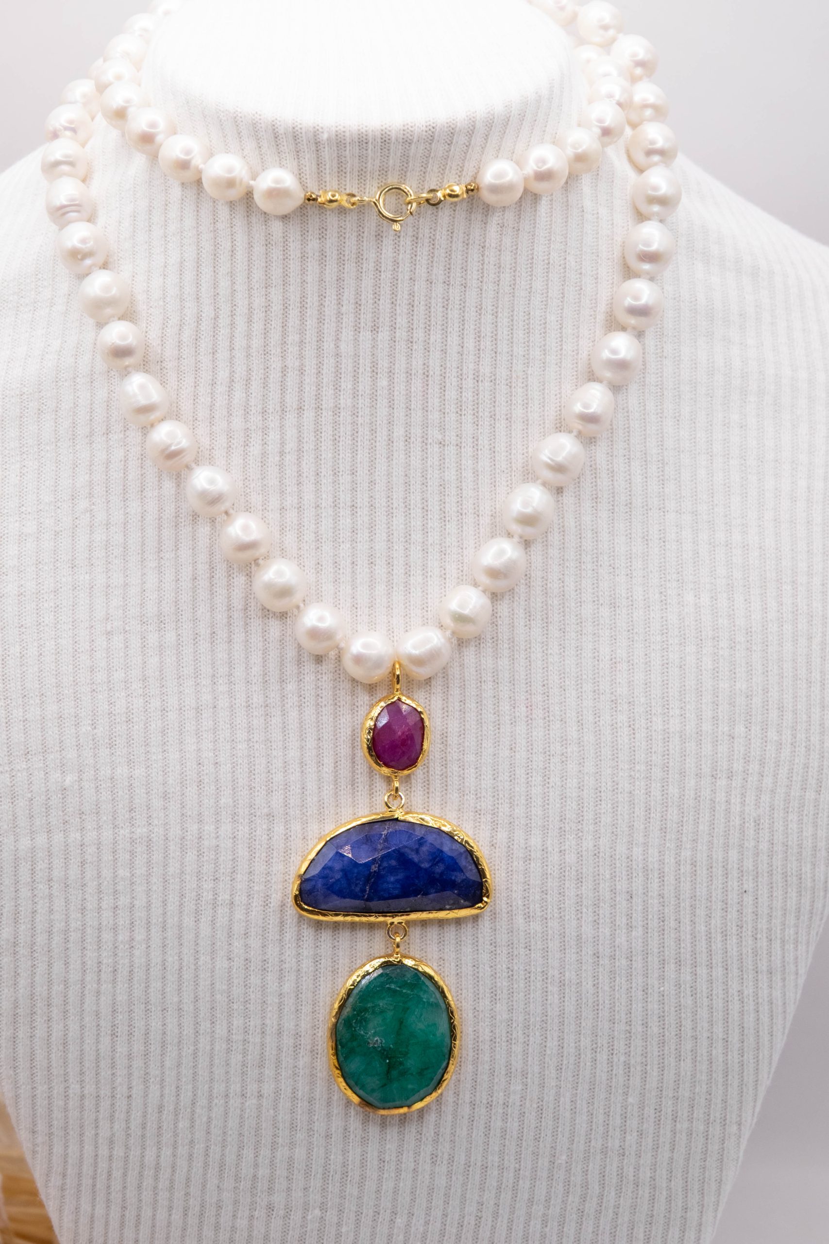 COLLANA PERLE NATURALI CIONDOLI PIETRE DURE ARGENTO DORATO (4)