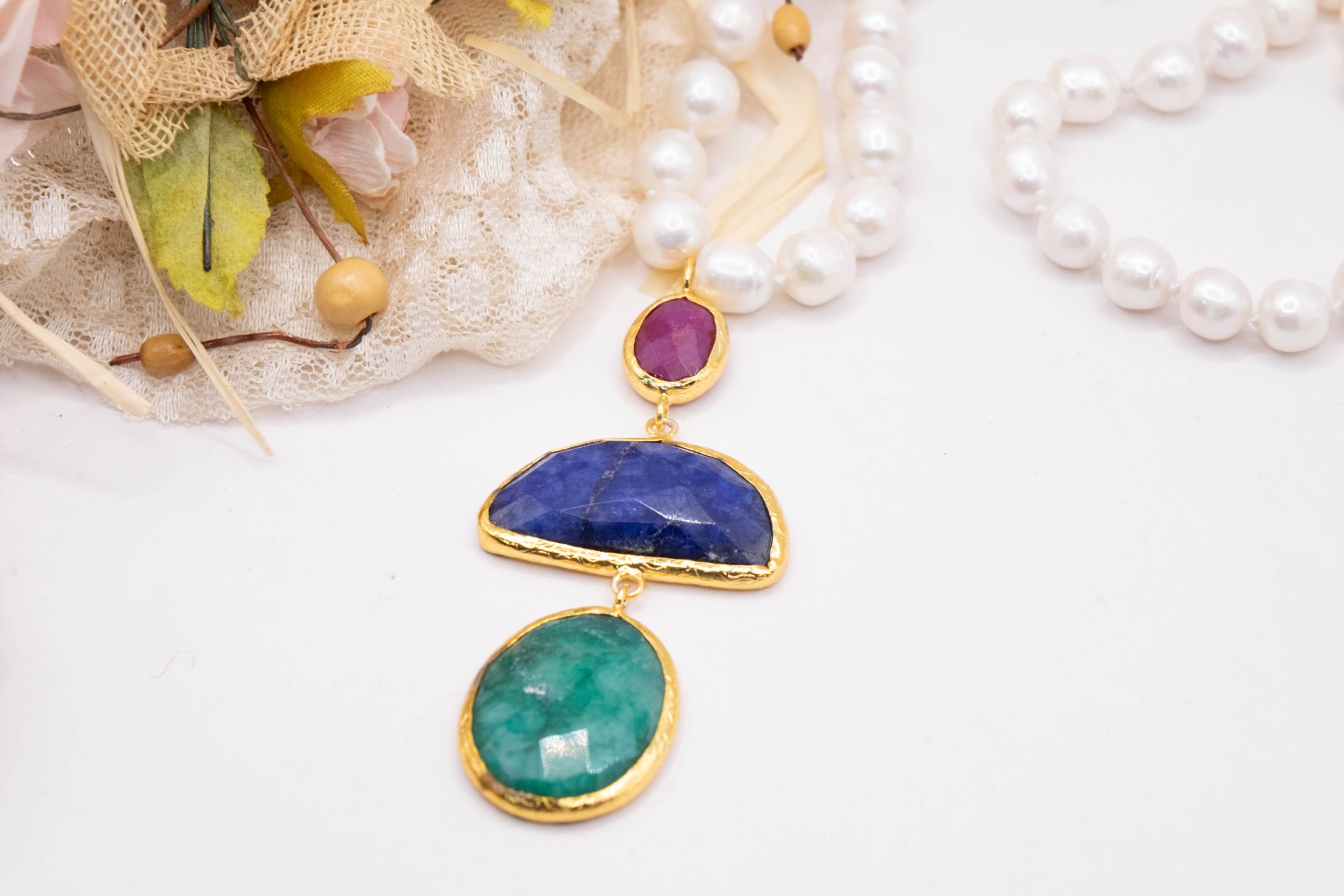 COLLANA PERLE NATURALI CIONDOLI PIETRE DURE ARGENTO DORATO (5)