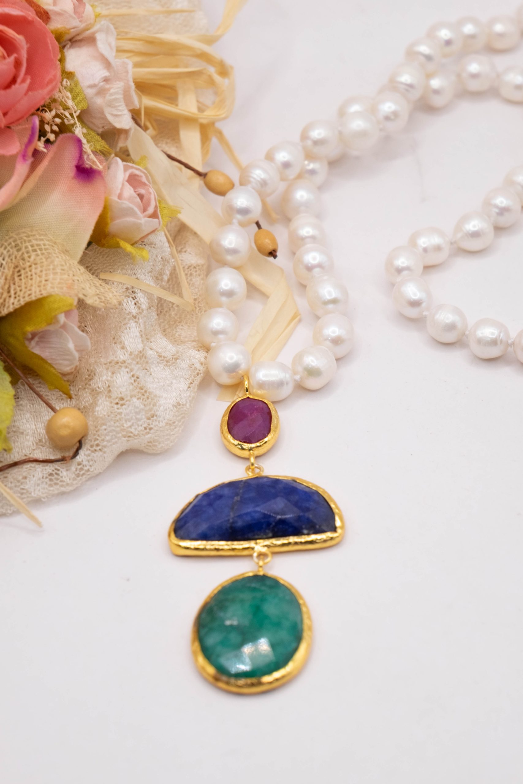 COLLANA PERLE NATURALI CIONDOLI PIETRE DURE ARGENTO DORATO (6)