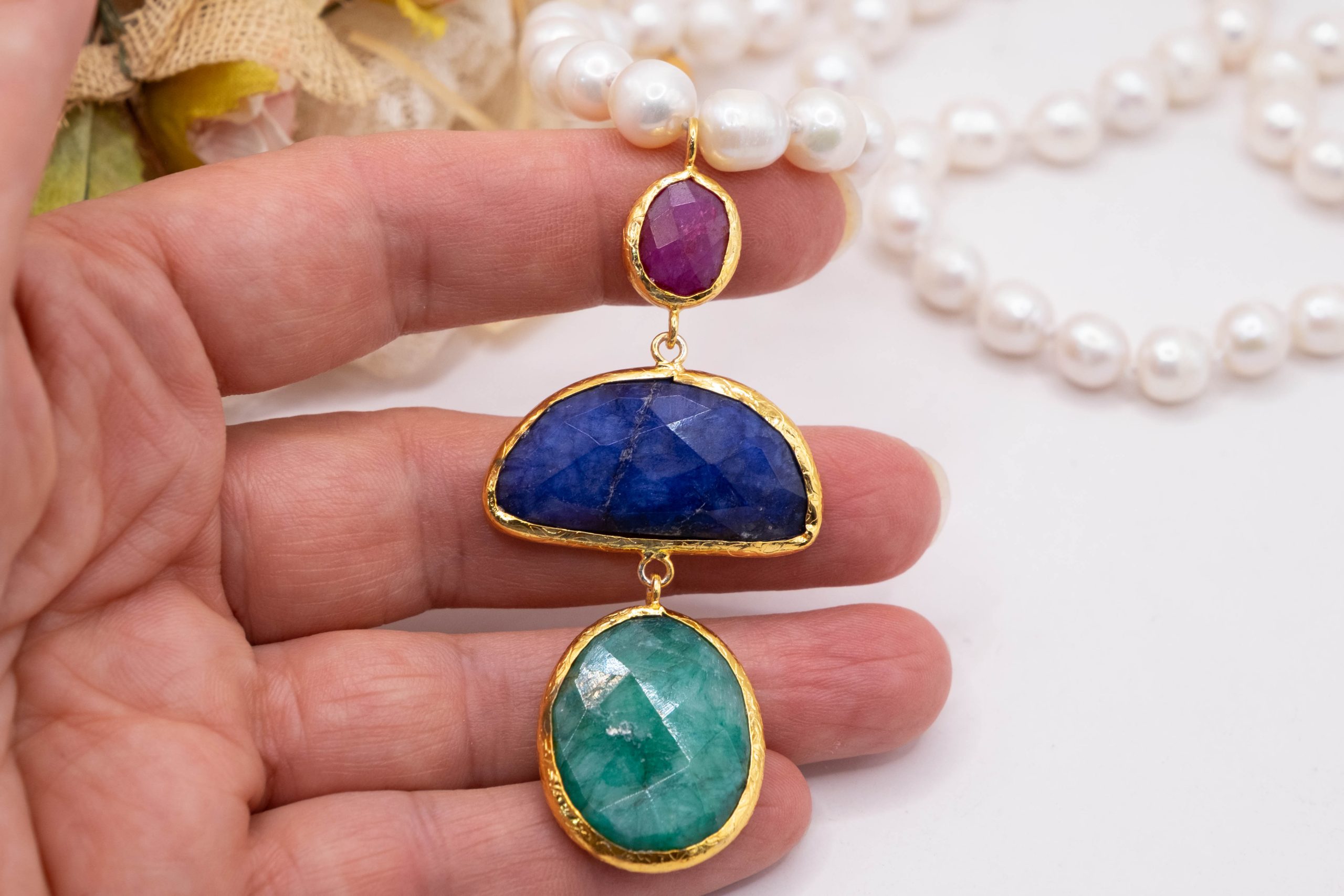 COLLANA PERLE NATURALI CIONDOLI PIETRE DURE ARGENTO DORATO (7)