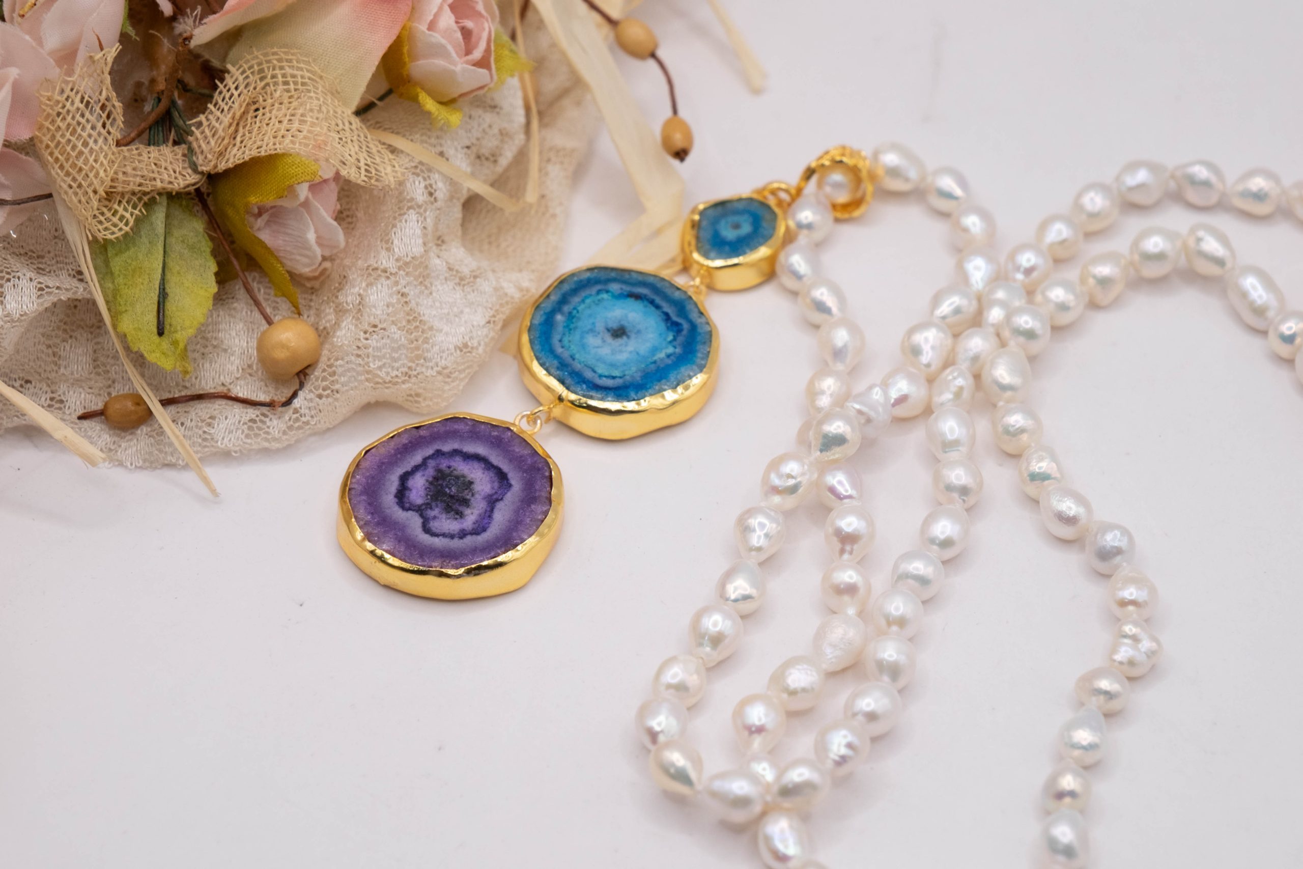 COLLANA PERLE NATURALI CIONDOLI PIETRE DURE ARGENTO DORATO (9)